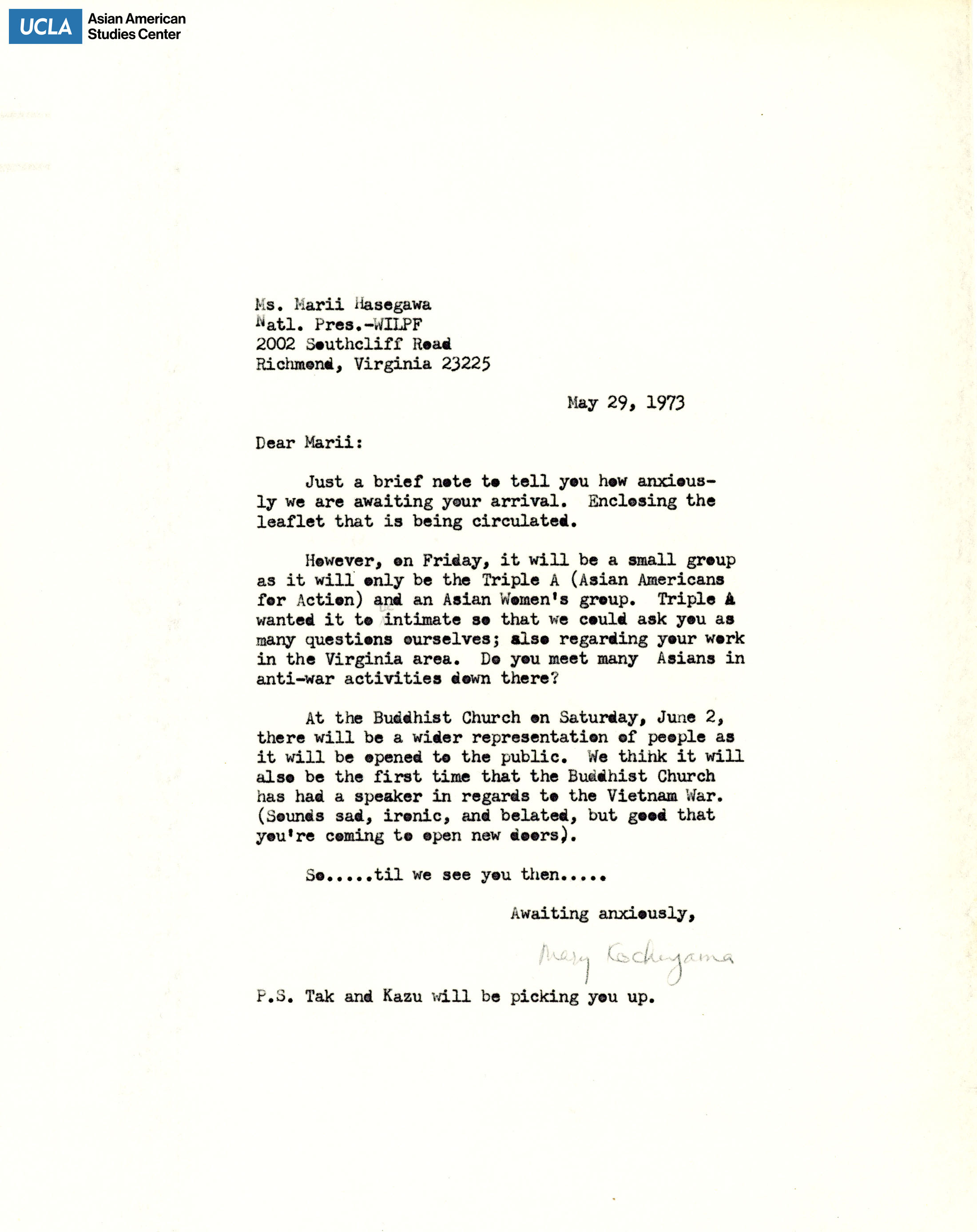 Letter regarding Marii's arrival to New York.