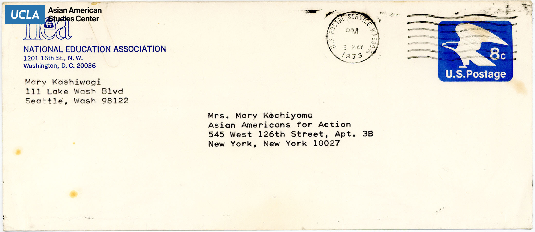 Envelope addressed to Yuri Kochiyama. Postmarked on May 6, 1973.