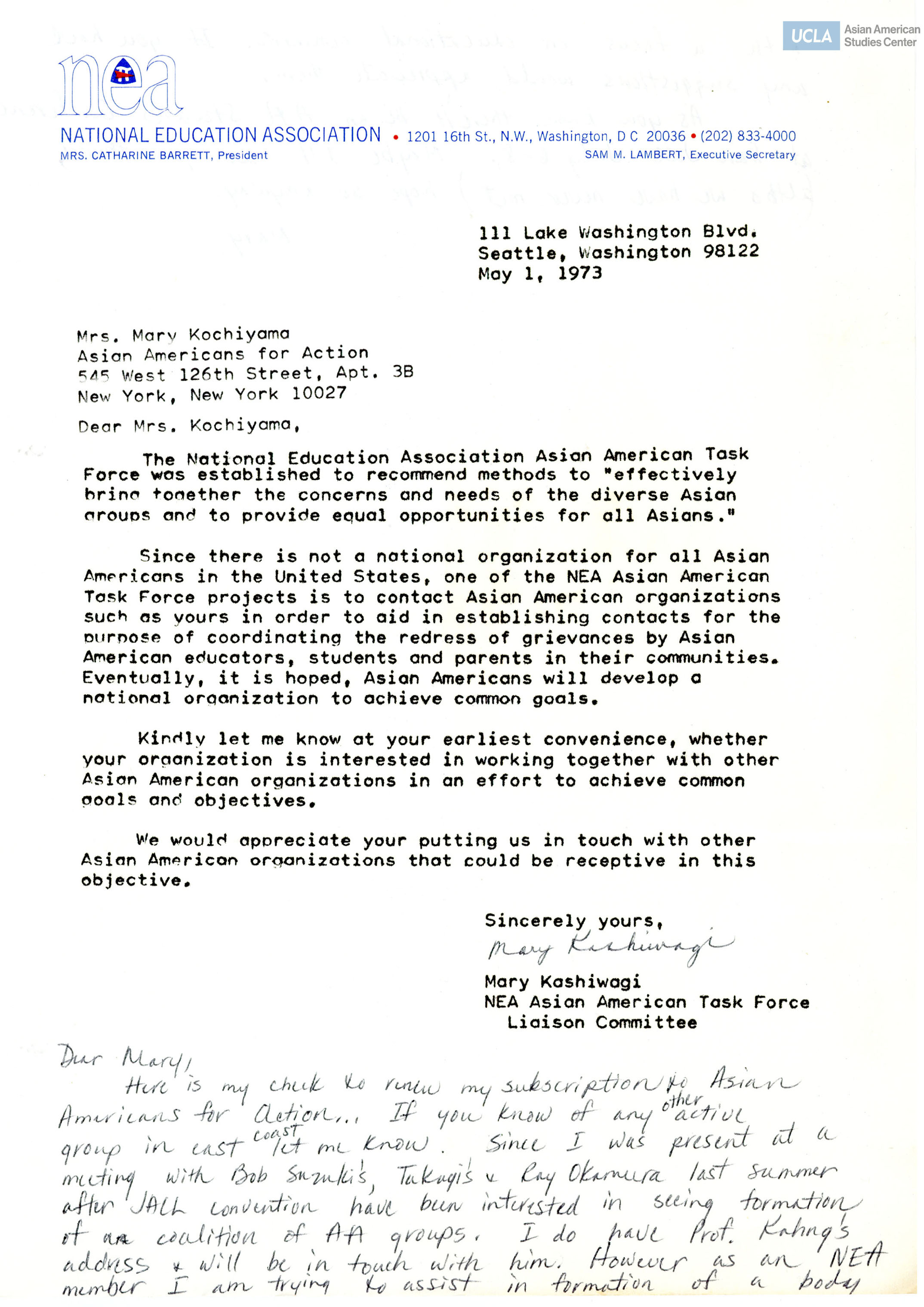 Letter regarding a proposal in creating a national organization for Asian Americans.