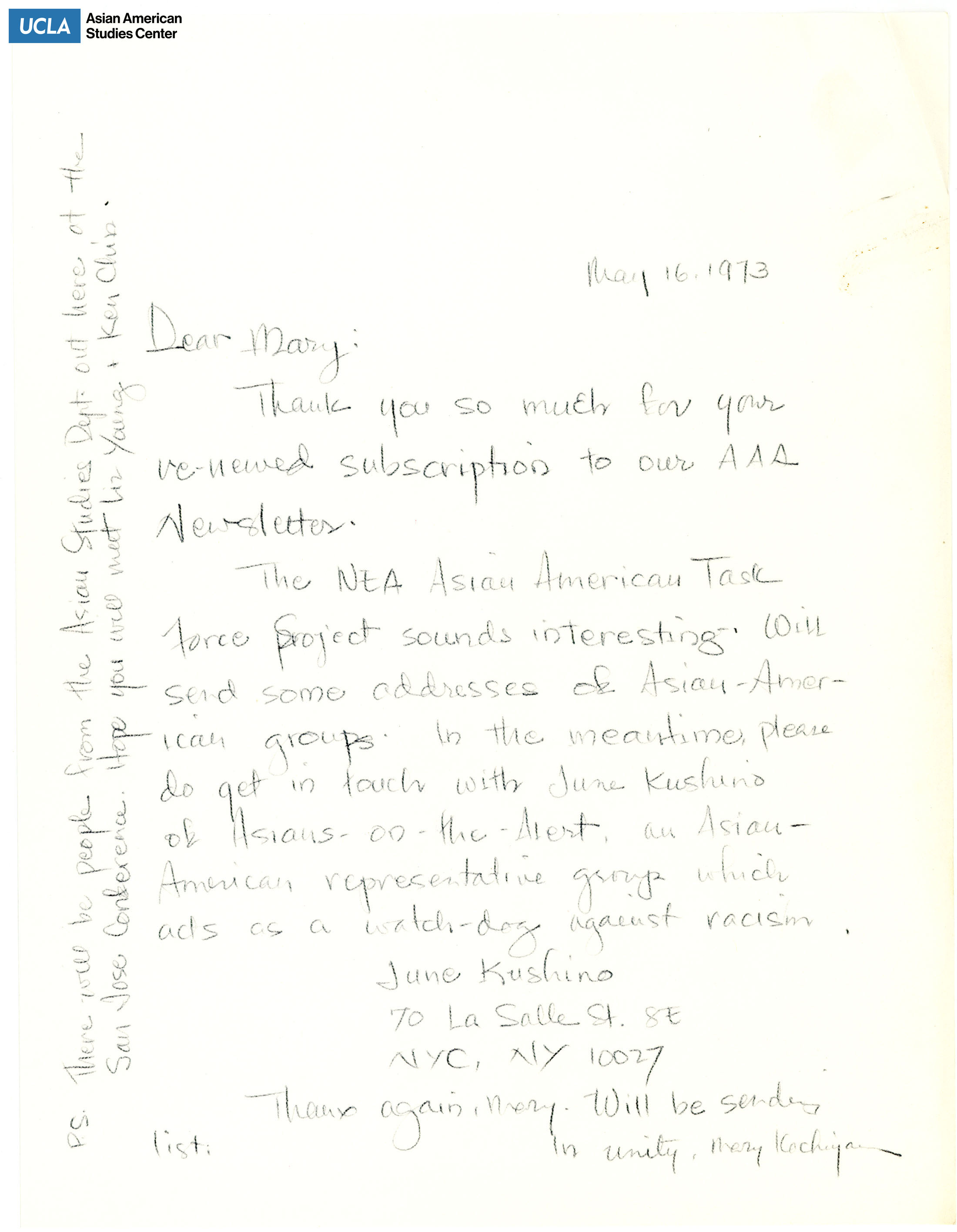 Letter regarding giving thanks for a renewed subscription and the proposal in creating a national organization for Asian Americans.