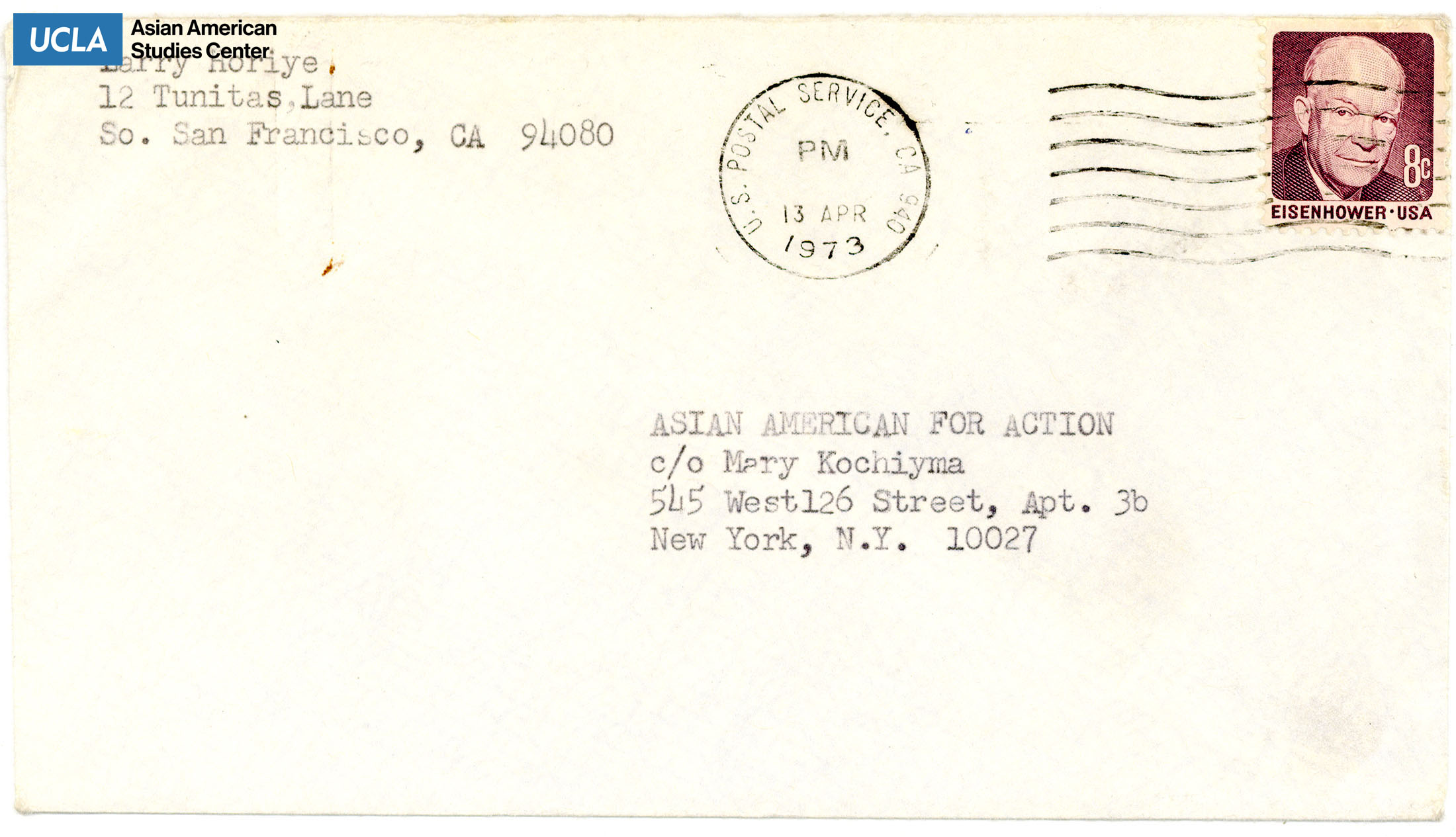 Envelope addressed to Asian Americans for Action. Postmarked on April 13, 1973.
