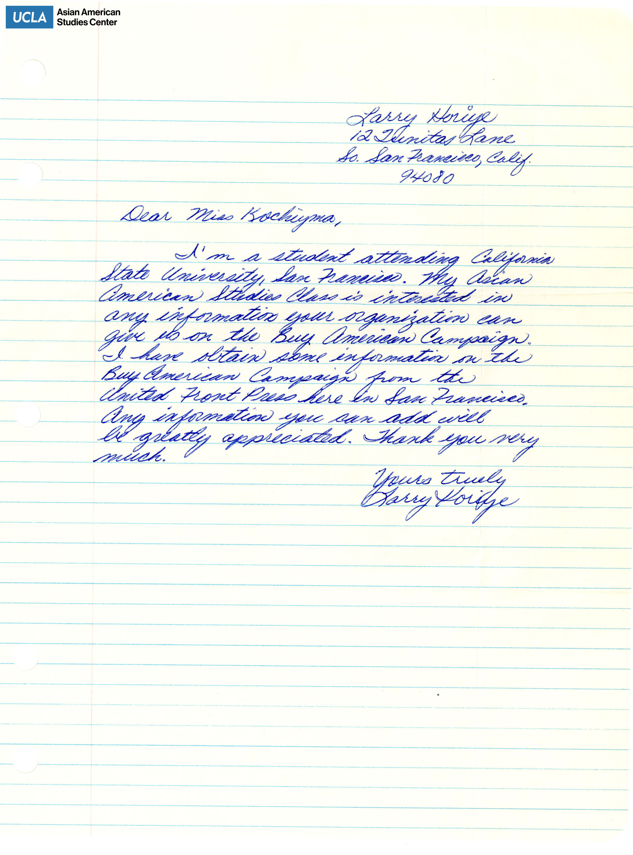 Letter regarding information on the Buy American Campaign for a Asian American Studies class at California State University, San Francisco.