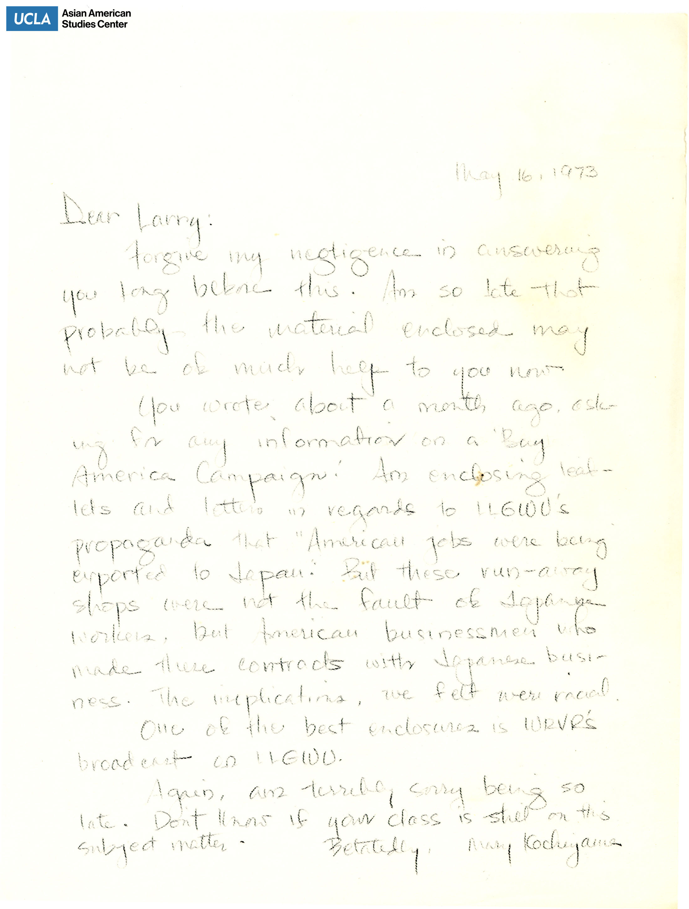 Letter regarding lateness in providing information on the Buy American Campaign.