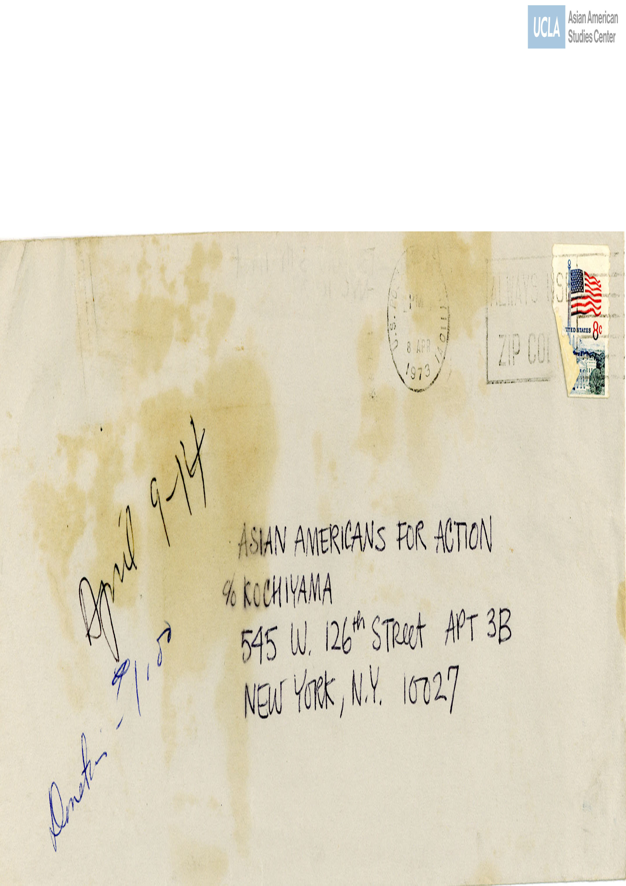Envelope addressed to Asian Americans for Action. Postmarked on April 8, 1973.