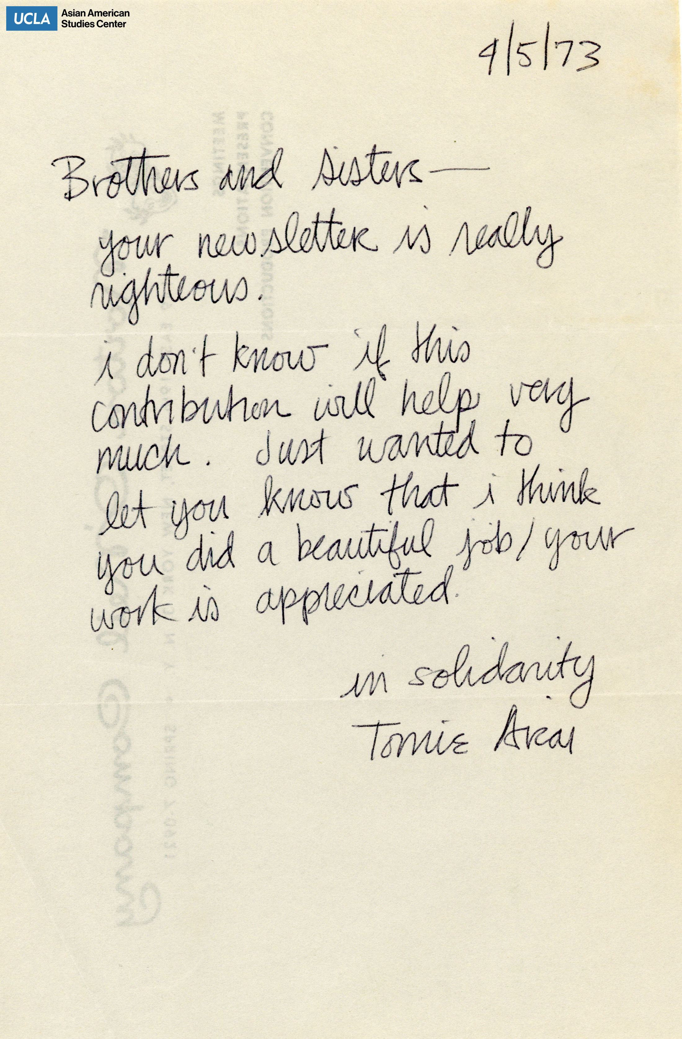 Letter regarding a contribution to the newsletter.