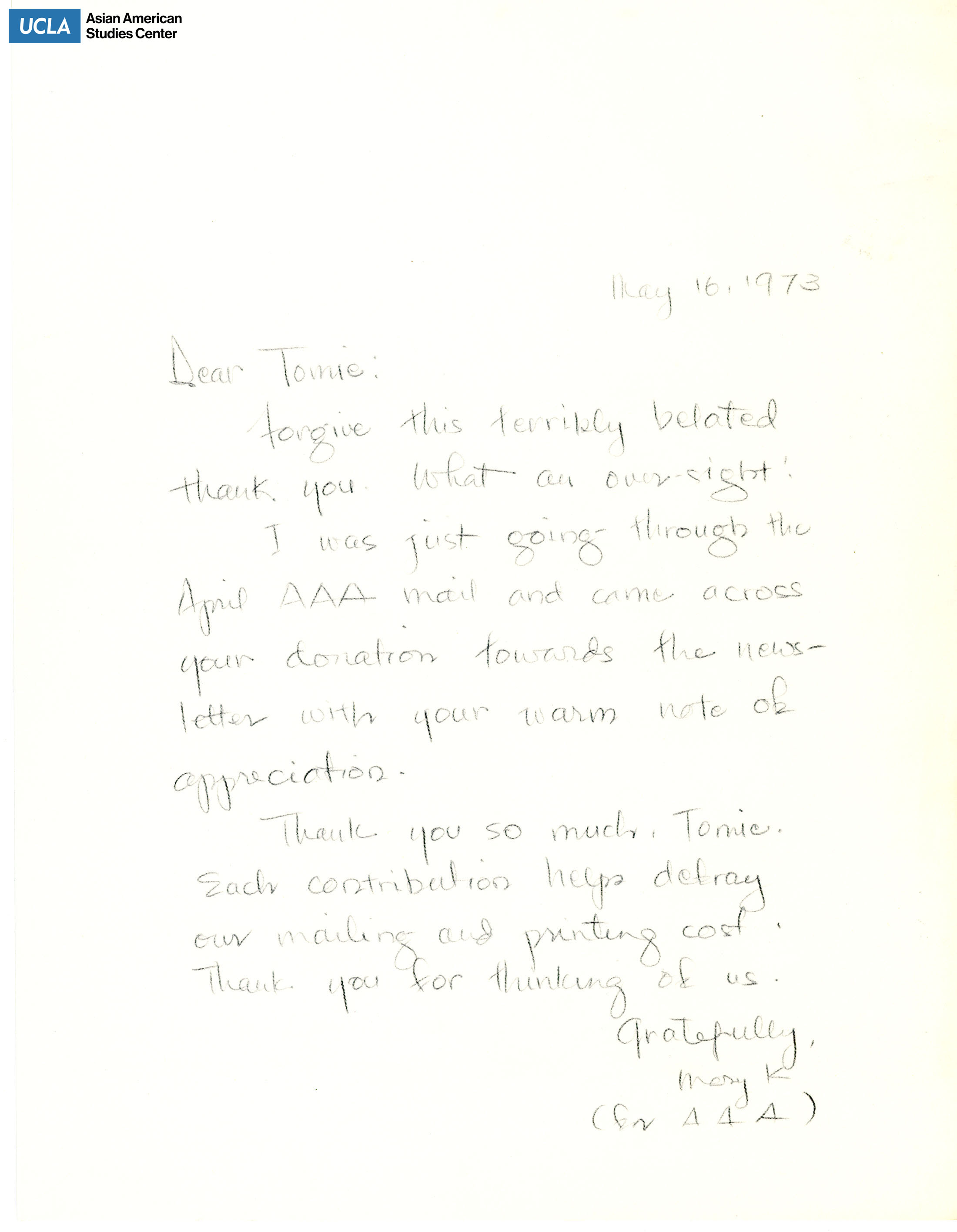 Letter of thanks for the monetary contribution.