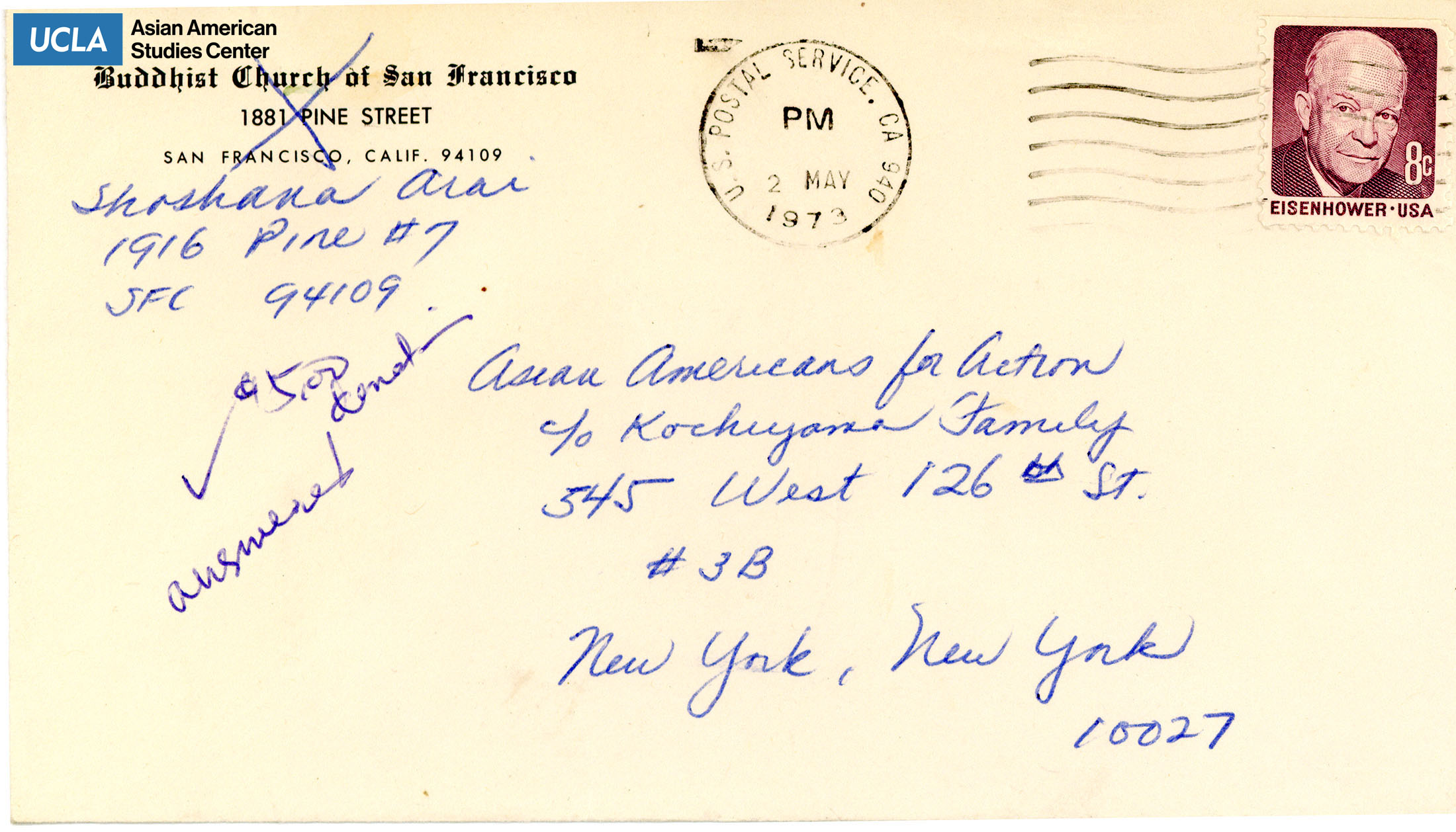 Envelope Addressed to Asian Americans for Action. Postmarked on May 2, 1973