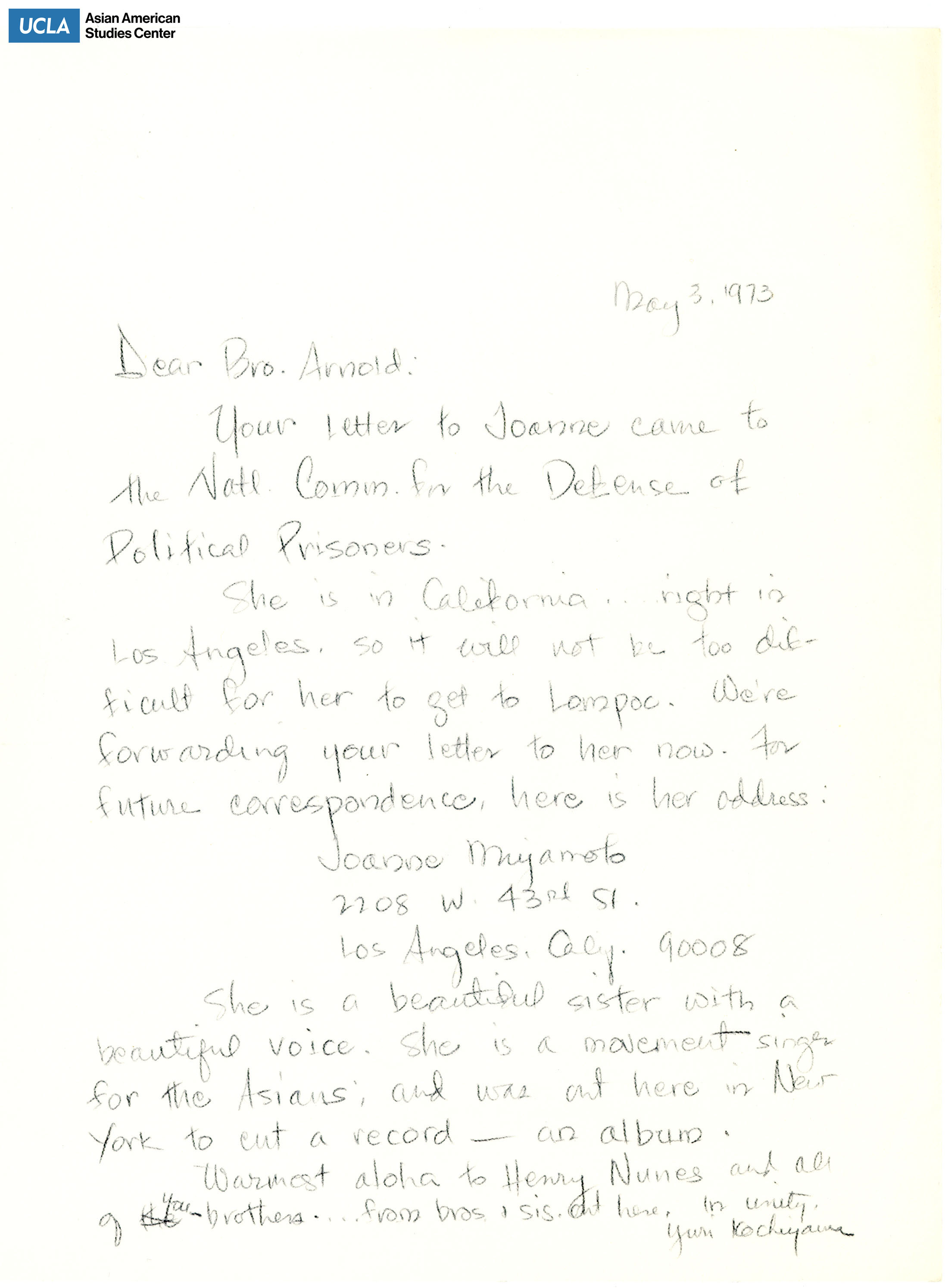 Letter regarding meeting Joanne in Lompoc, California.