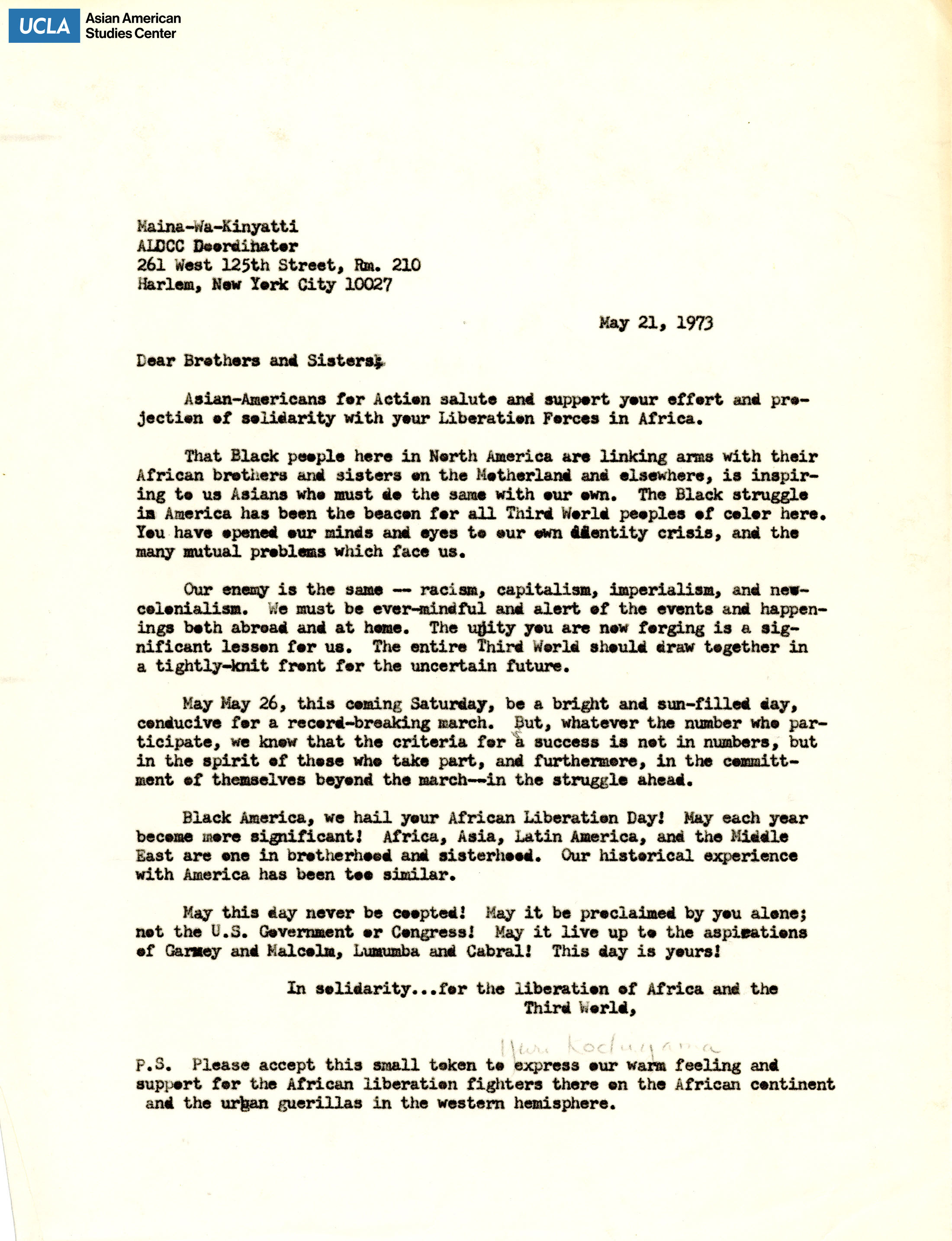 Letter regarding Asian Americans for Action in solidarity with the Liberation Forces in Africa.