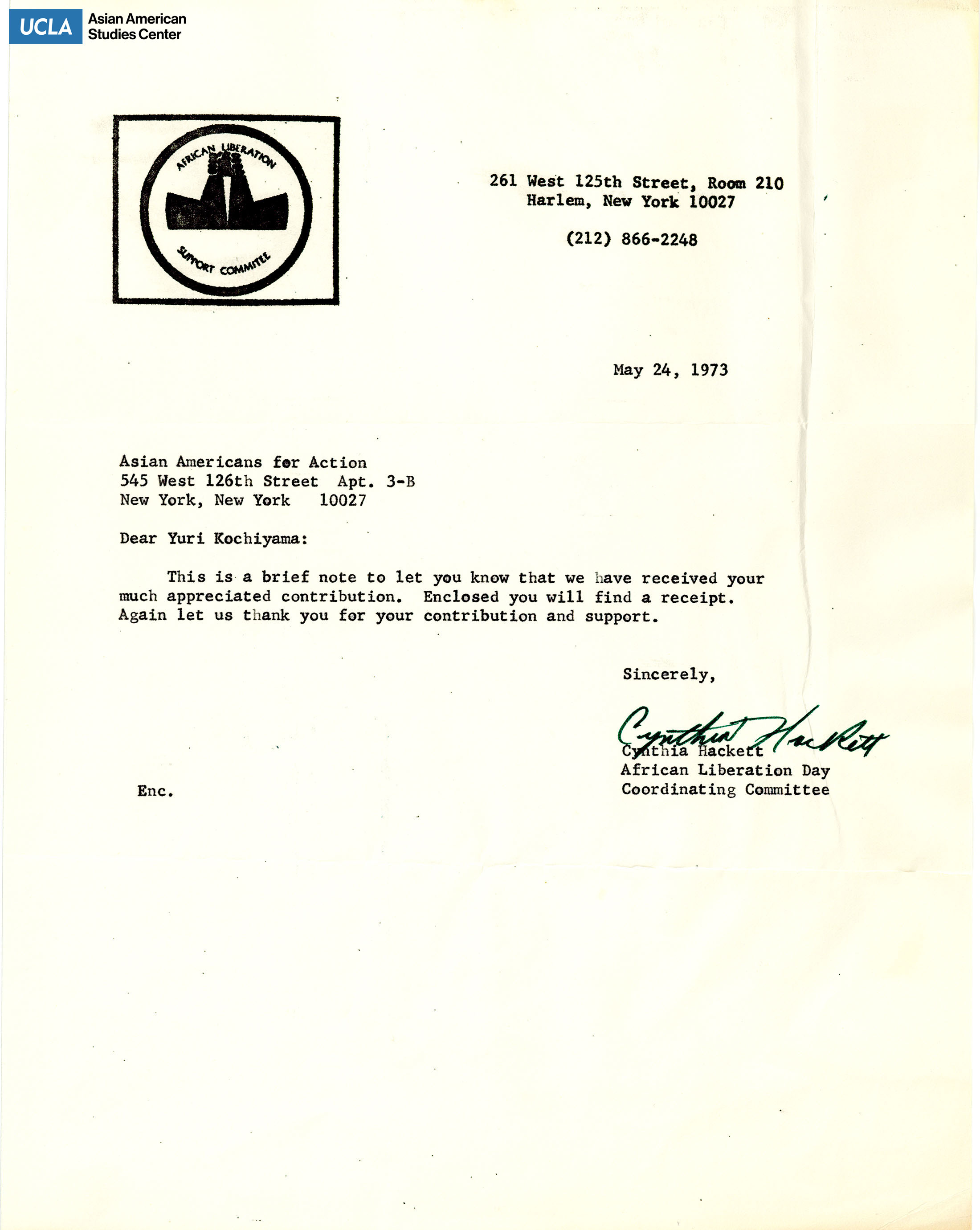Letter of thanks for contribution and copy of receipt.