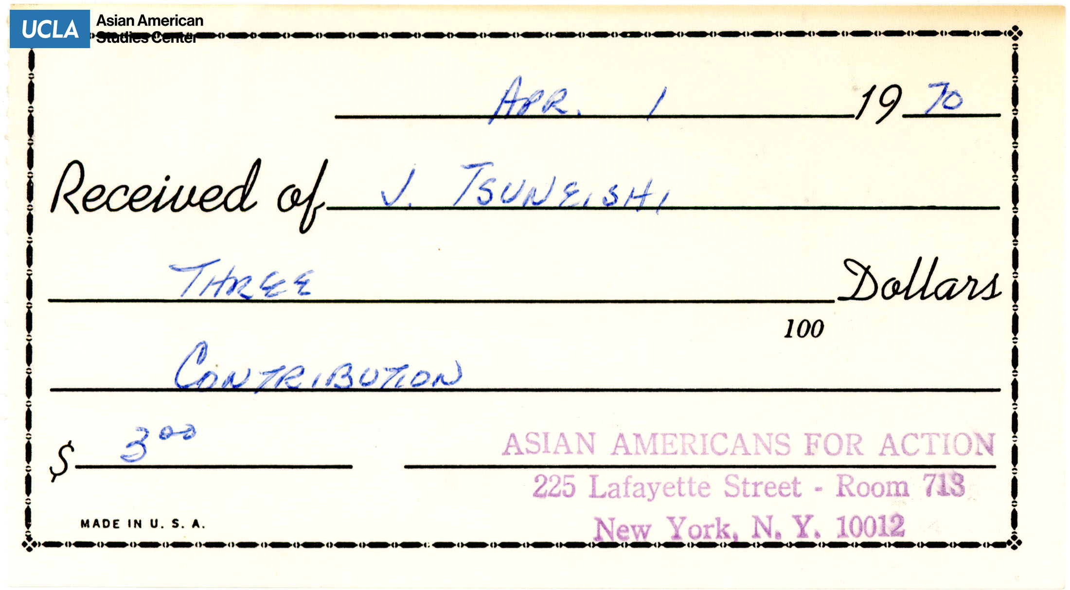 Receipt of contribution from J. Tsuneishi to the Asian Americans for Action.