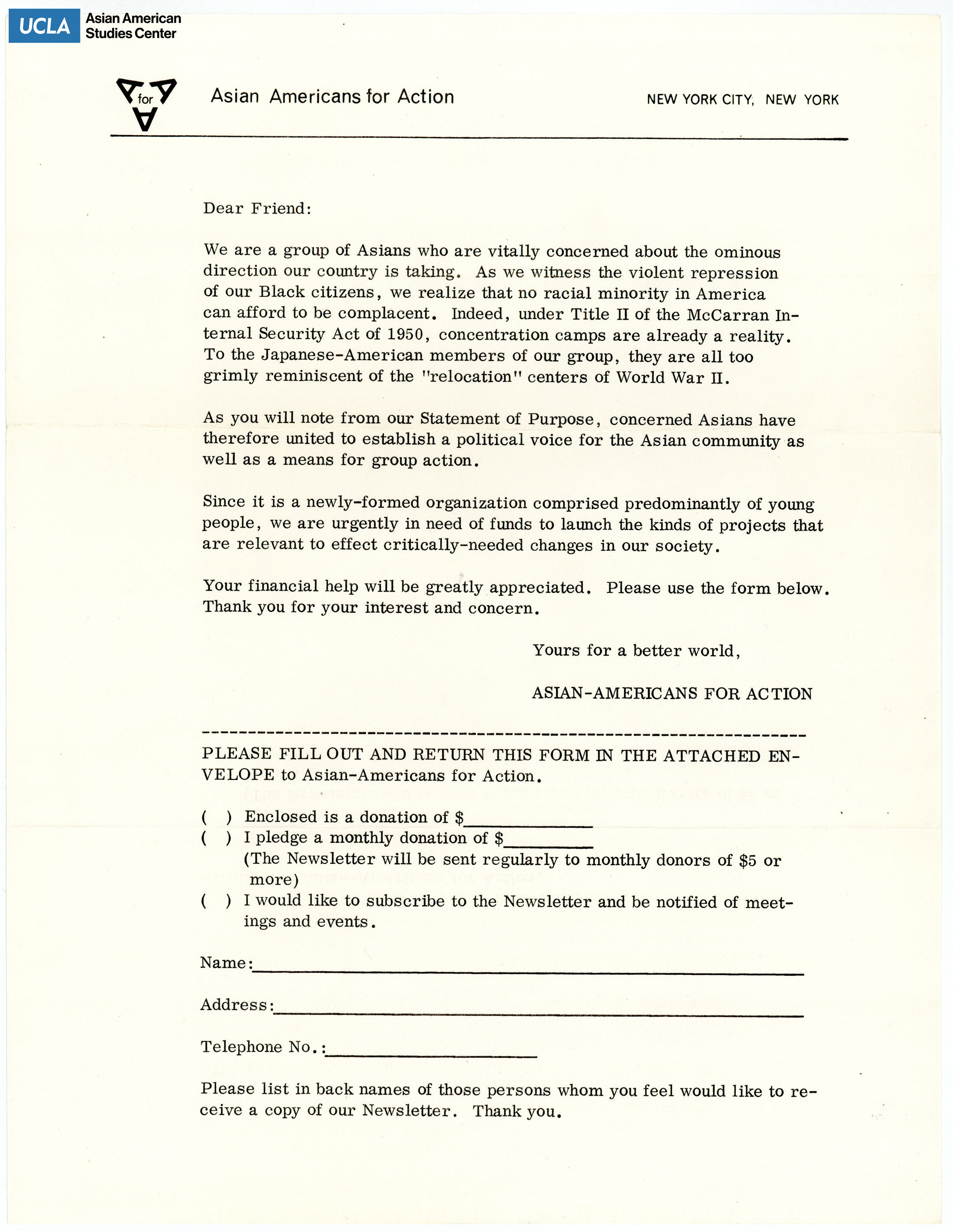 Letter regarding donating or subscribing to the Asian Americans for Action newsletter.