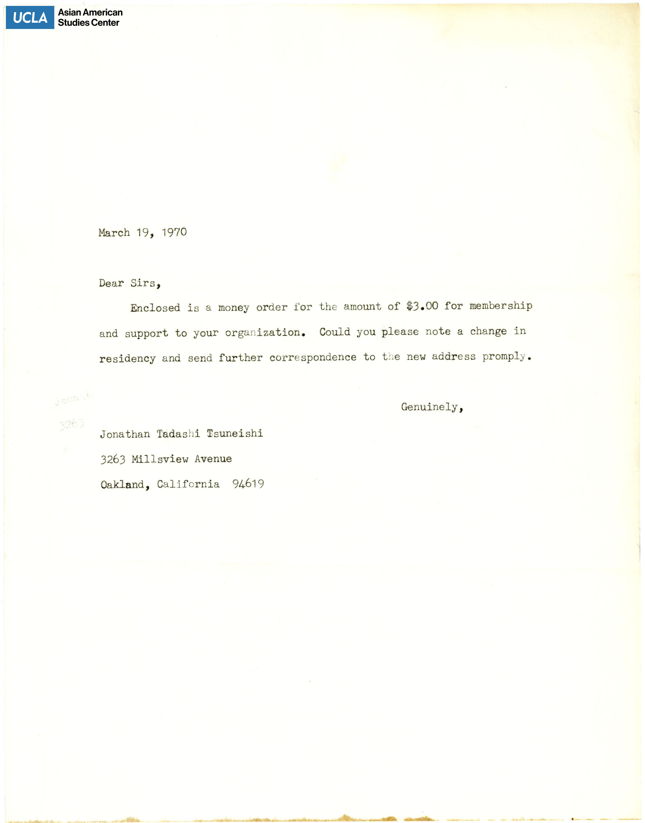 Letter regarding a $3.00 contribution for membership to the Asian Americans for Action organization.