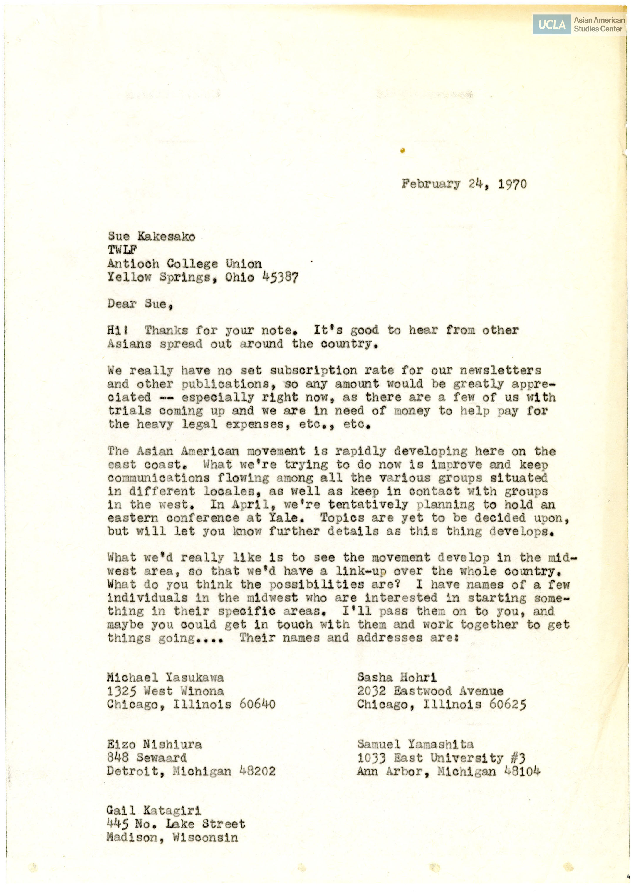 Letter regarding the development of Asian Americans for Action.