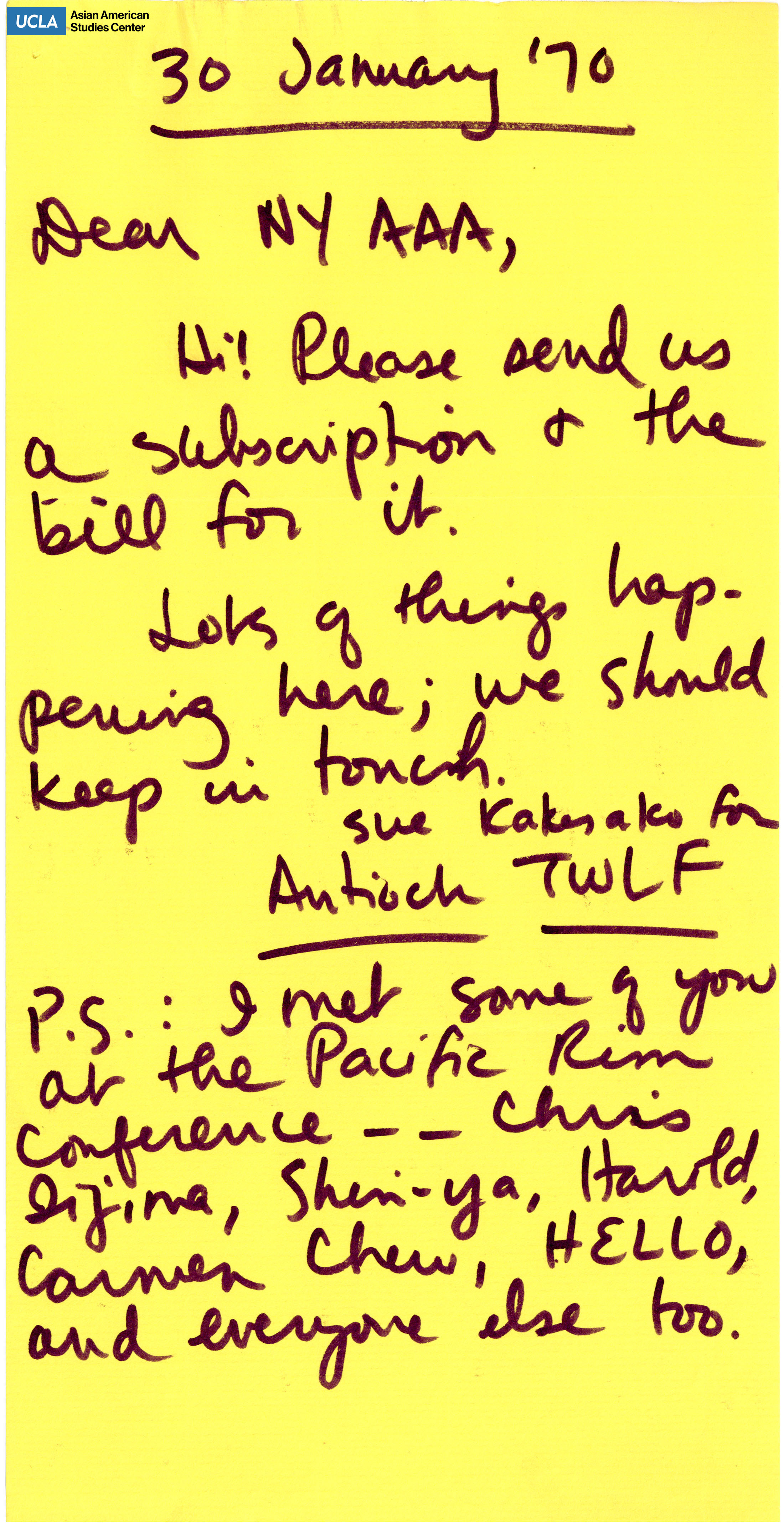 Letter regarding request for subscription and billing of the Asian Americans for Action newsletter.