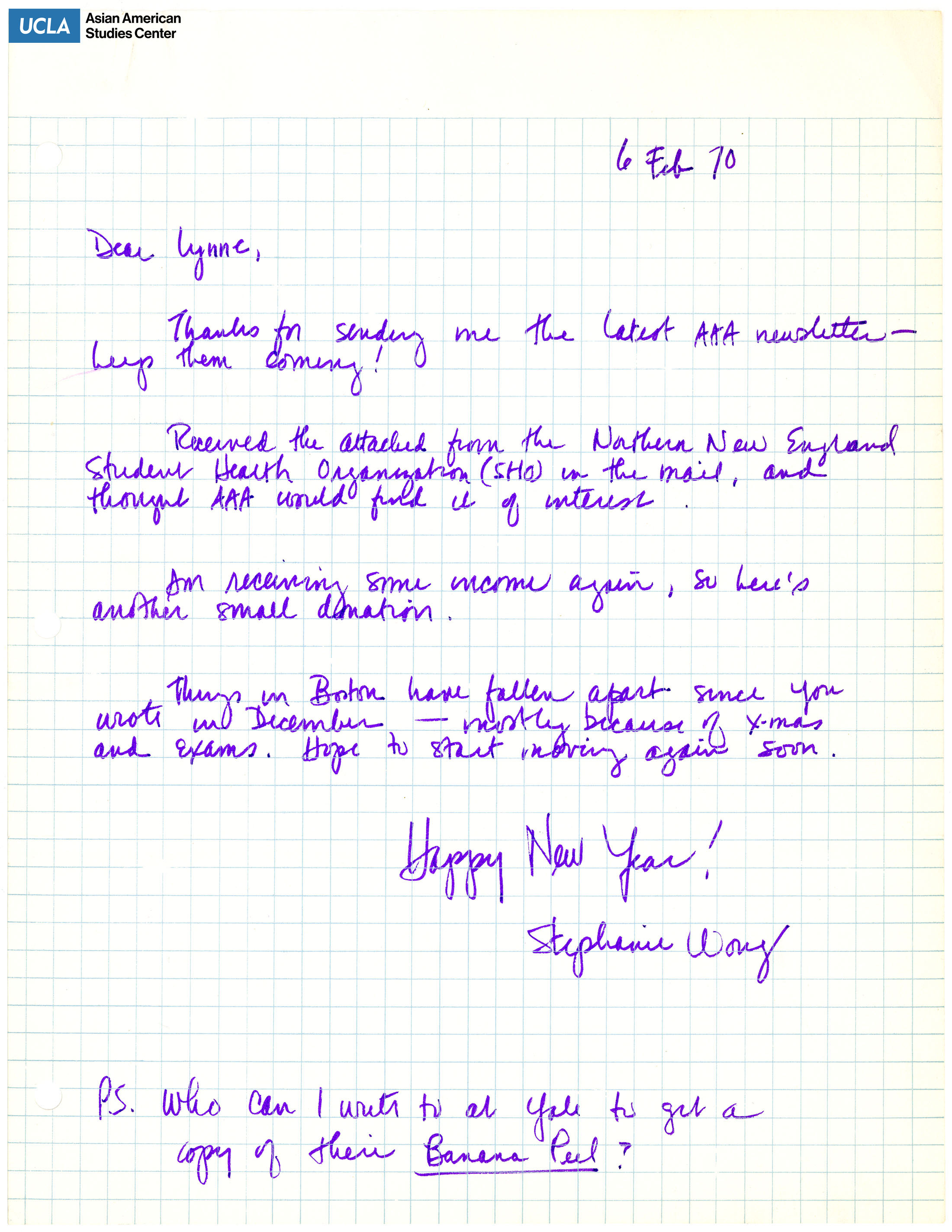 Letter regarding receiving the latest issue of the Asian Americans for Action newsletter.