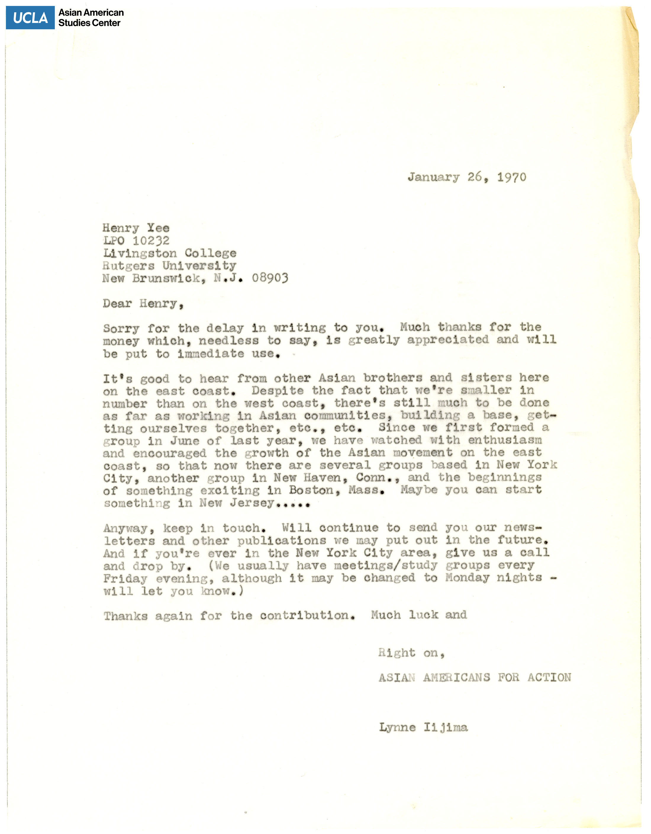 Letter of thanks for contribution and the growth of the Asian Movement in the United States.