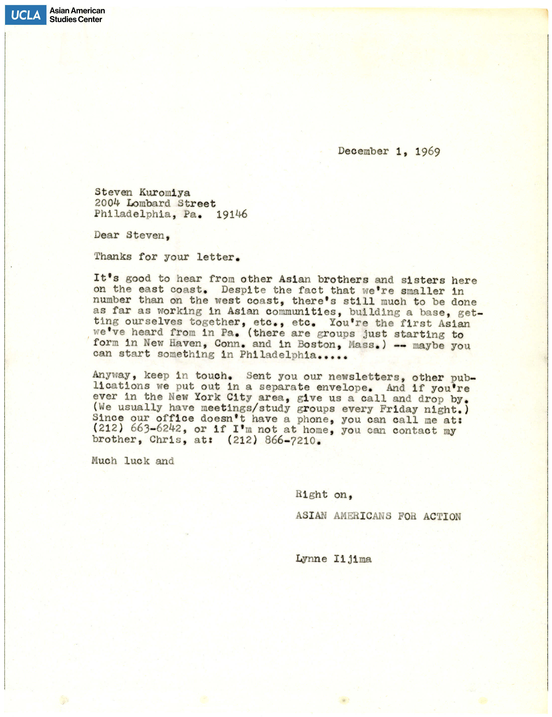 Letter regarding the working with Asian communities and the growth of the Asian movement.