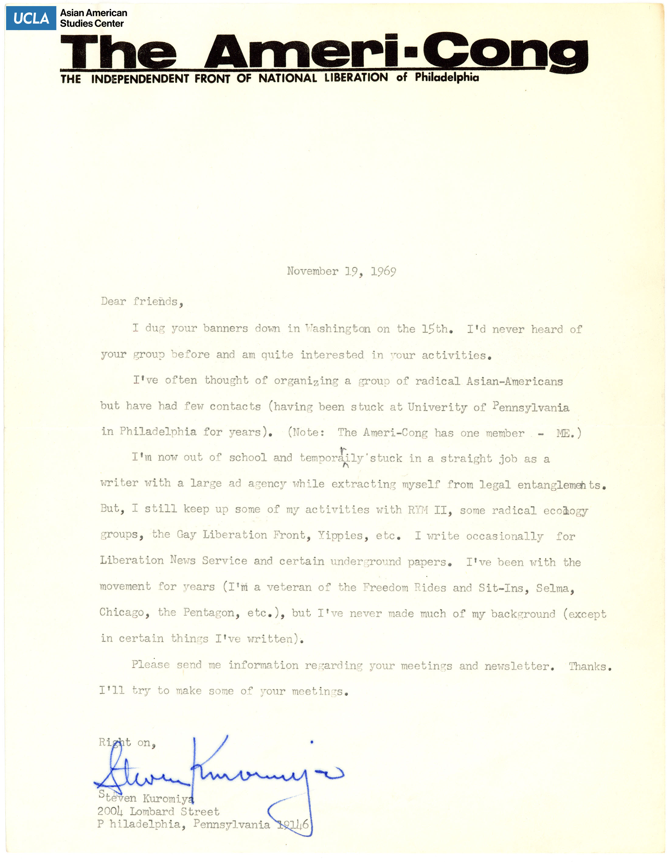 Letter regarding requesting more information on Asian Americans for Action and to be more involved.