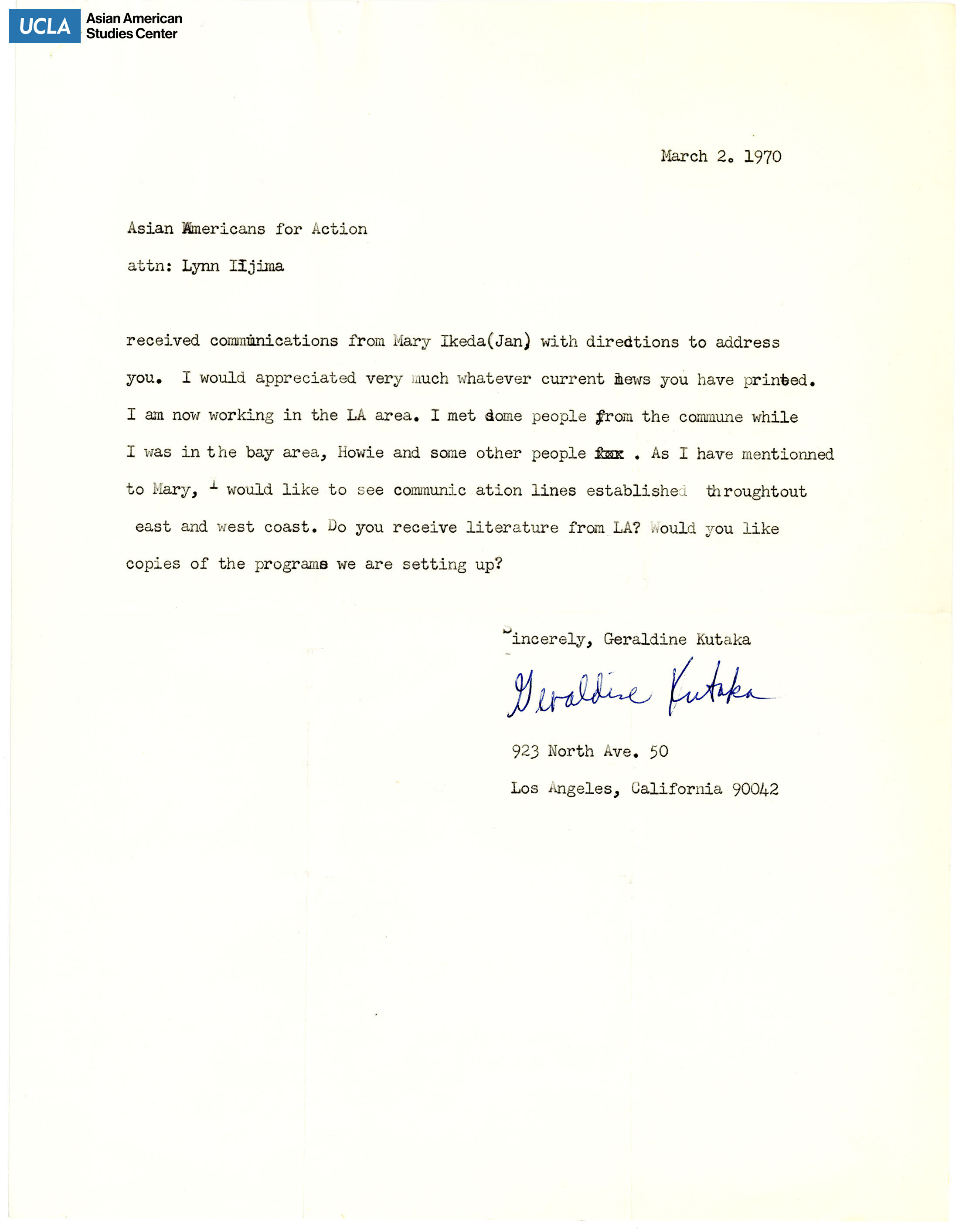 Letter regarding the Asian movement in Los Angeles, California.