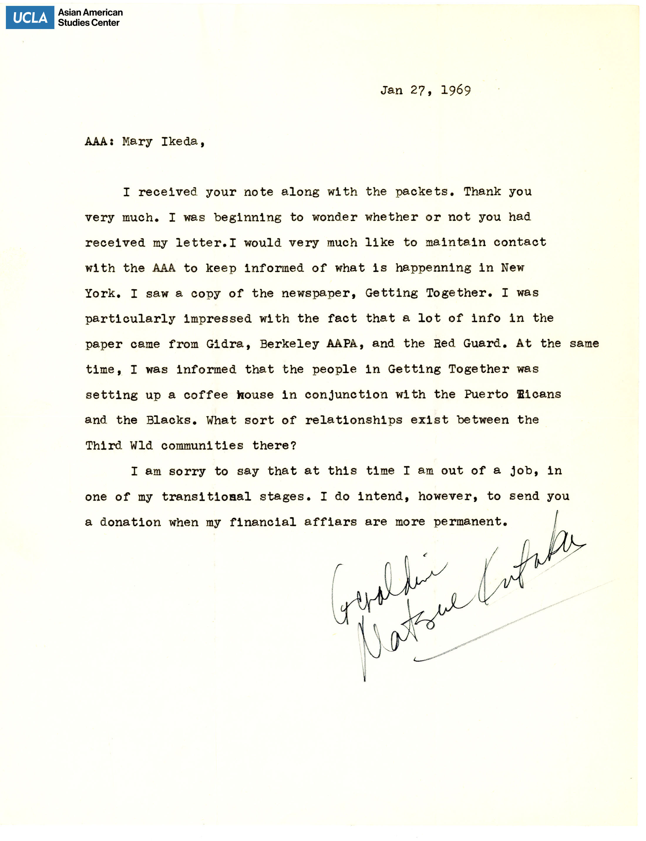 Letter of thanks on receiving packets and on the progression of the Asian Movement at Gidra, Berkeley AAPA, and the Red Guard.