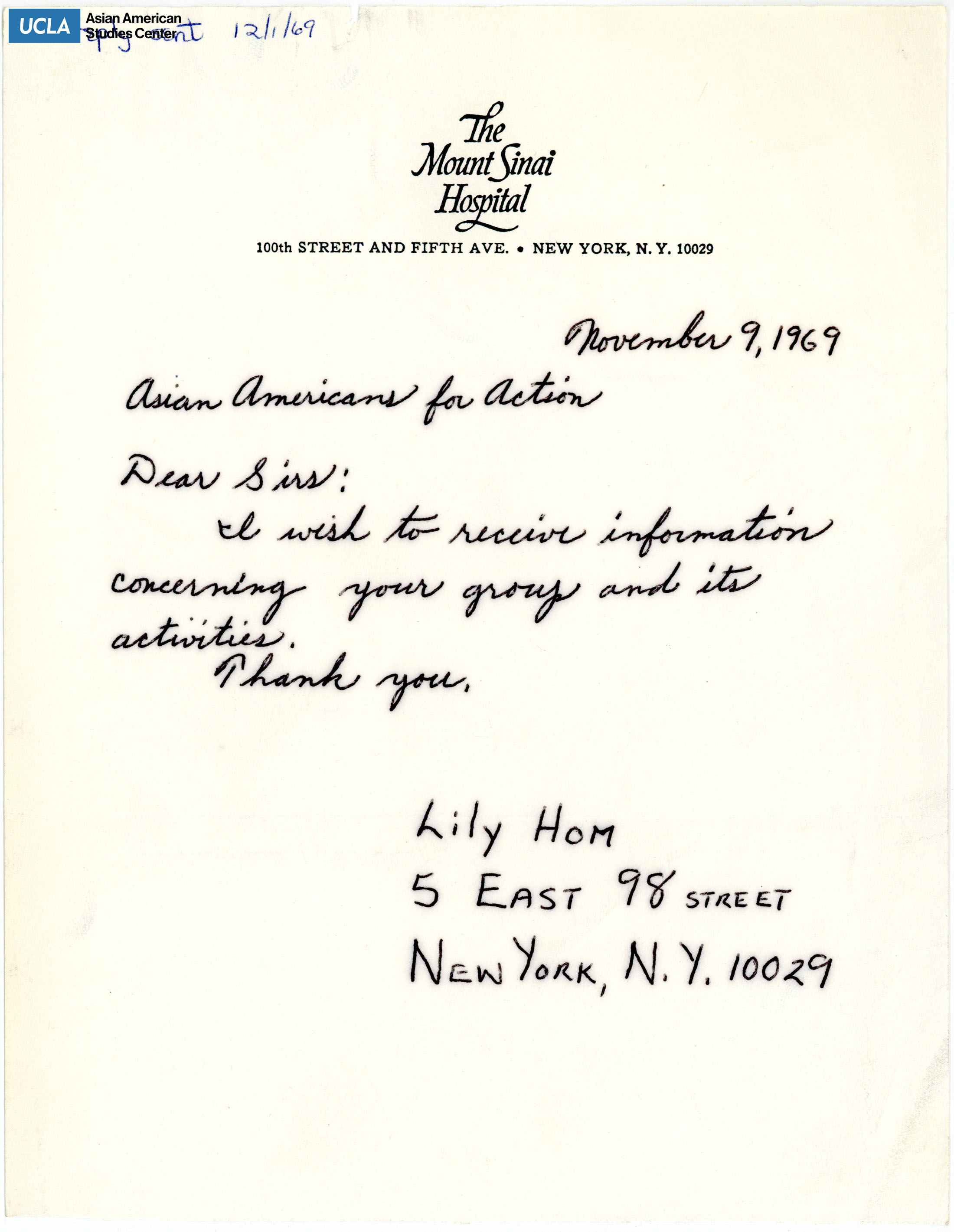 Letter regarding a request to recieve more information on the Asian Americans for Action.