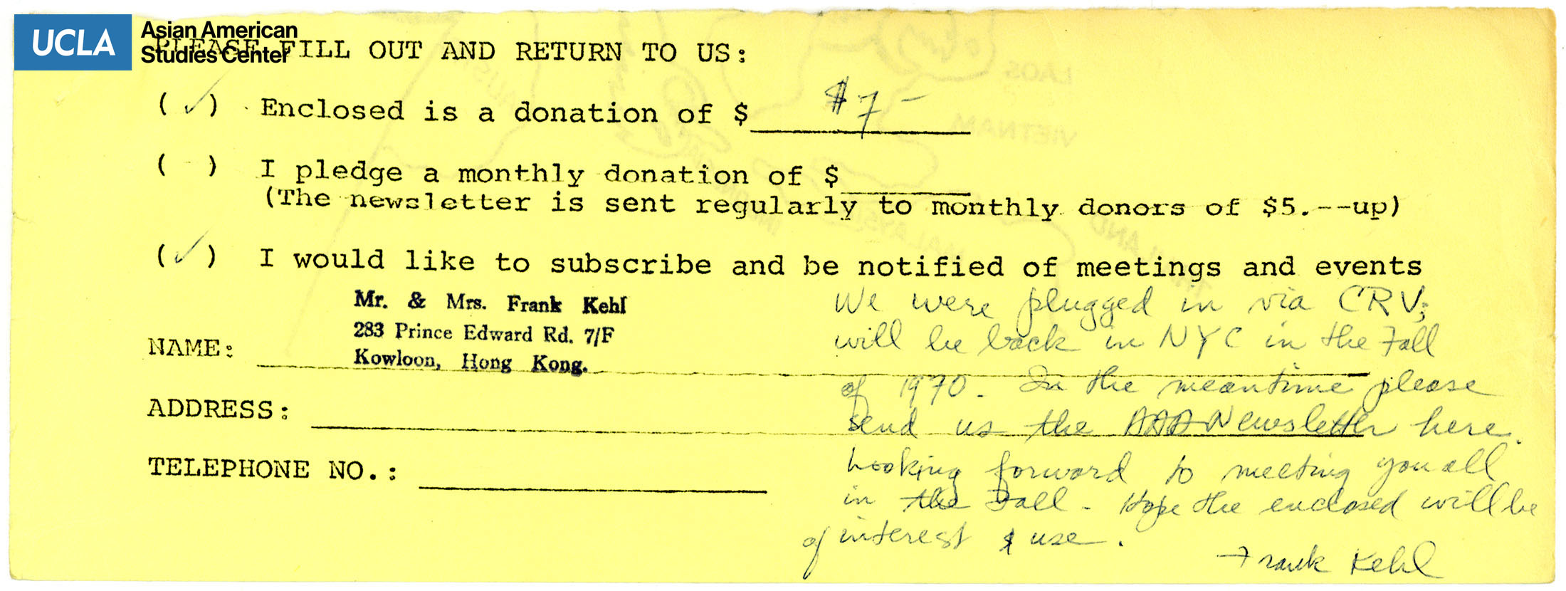 Paper slip for the contribution and membership of Asian Americans for Action.