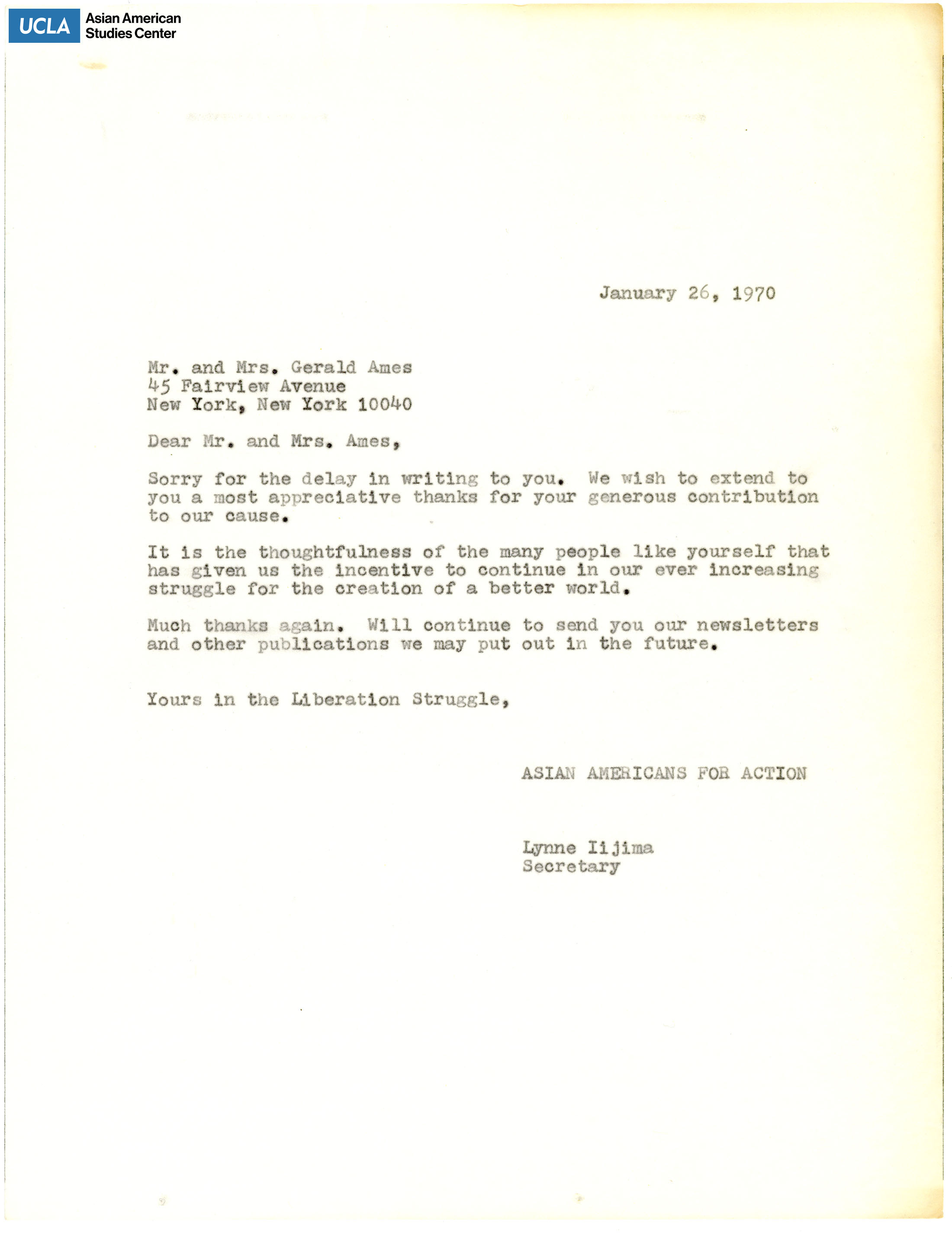 Letter of thanks for the generous contribution to Asian Americans for Action.