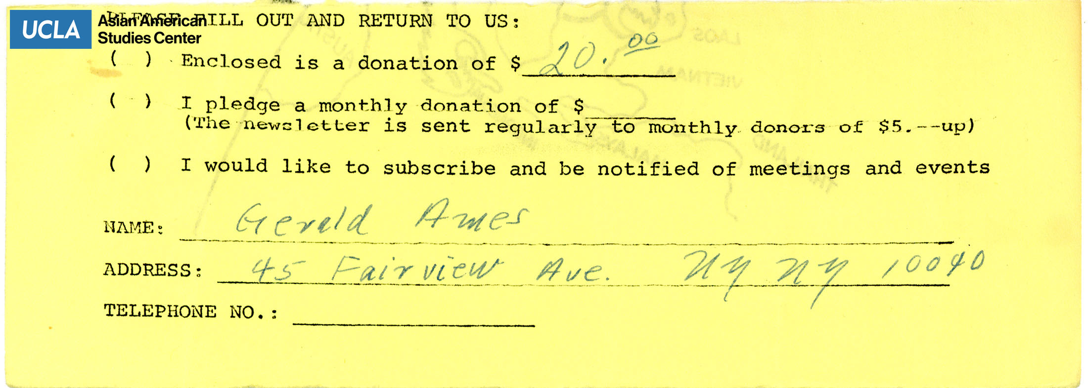 Paper slip for the contribution and membership of Asian Americans for Action.