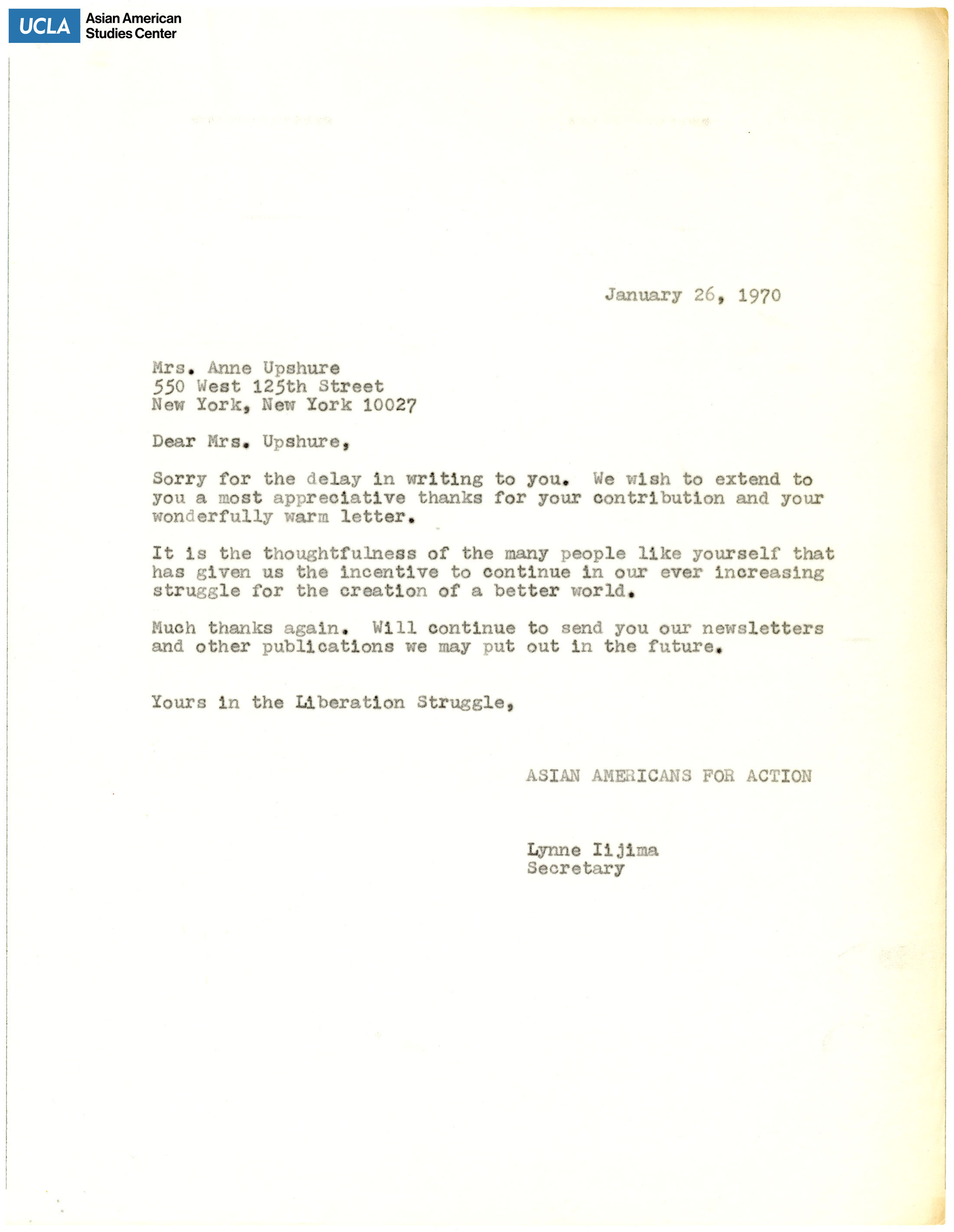 Letter of thanks for the generous contribution to Asian Americans for Action.