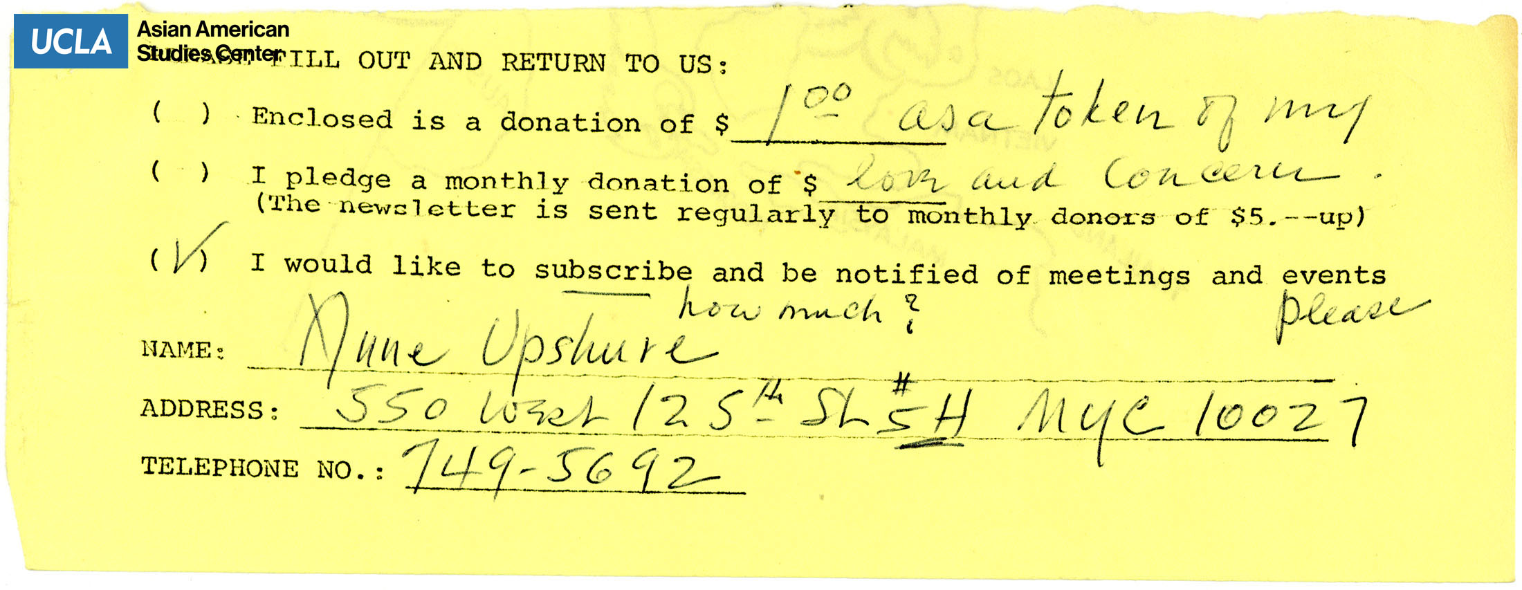 Paper slip for the contribution and membership of Asian Americans for Action.