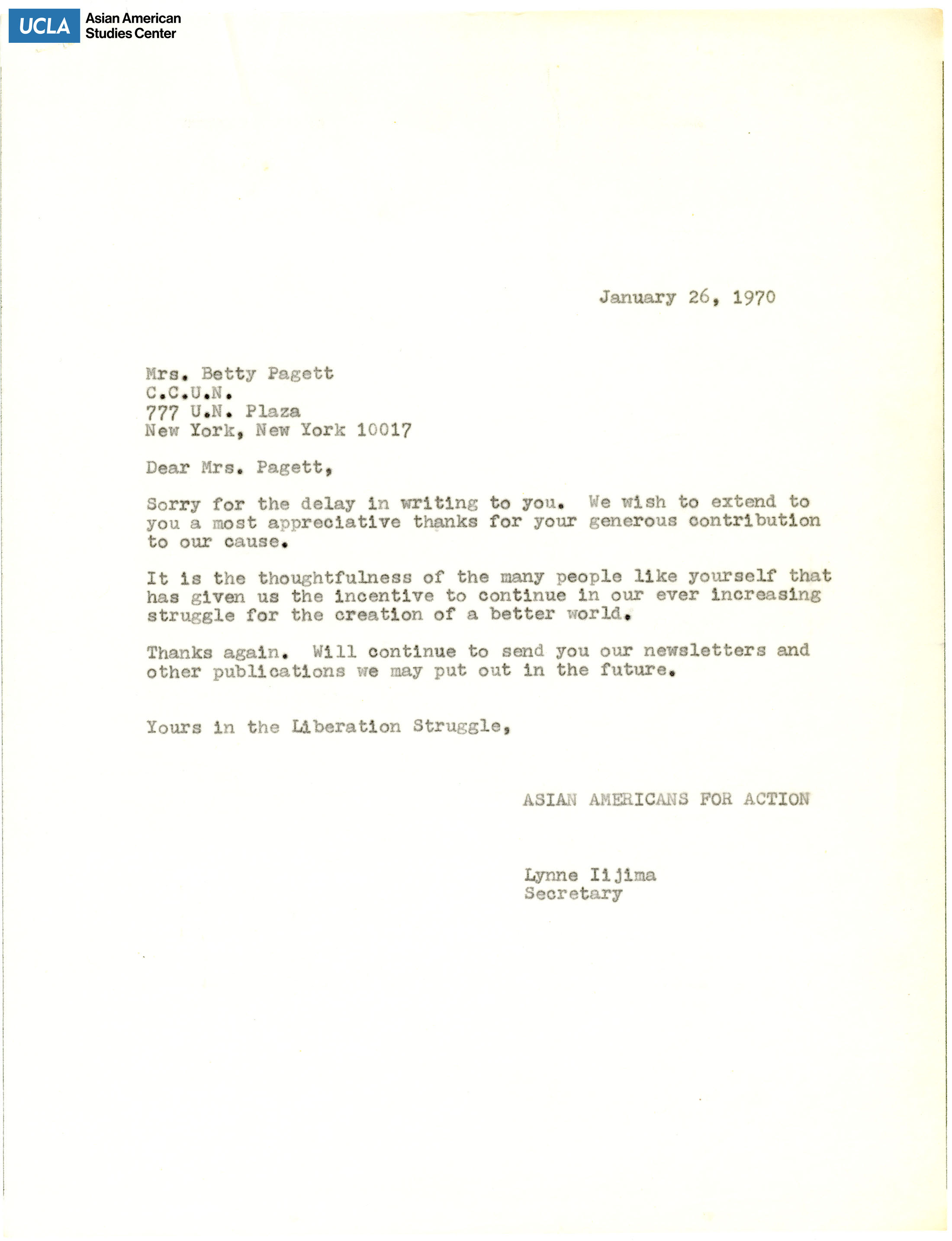 Letter of thanks for the generous contribution to Asian Americans for Action.