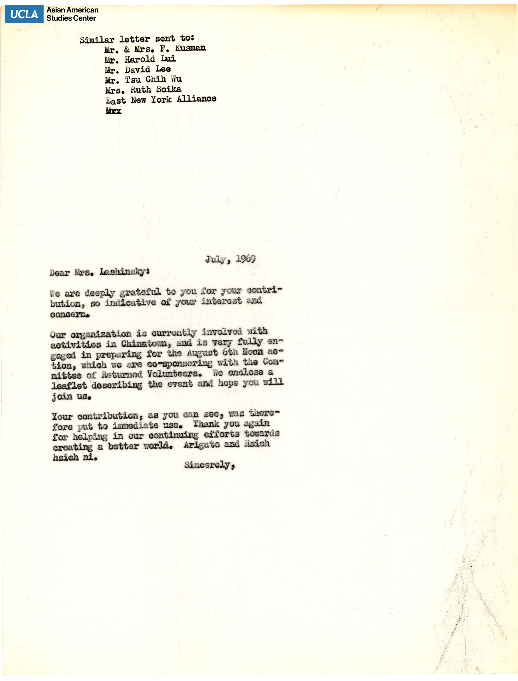 Letter of thanks for the generous contribution to Asian Americans for Action.