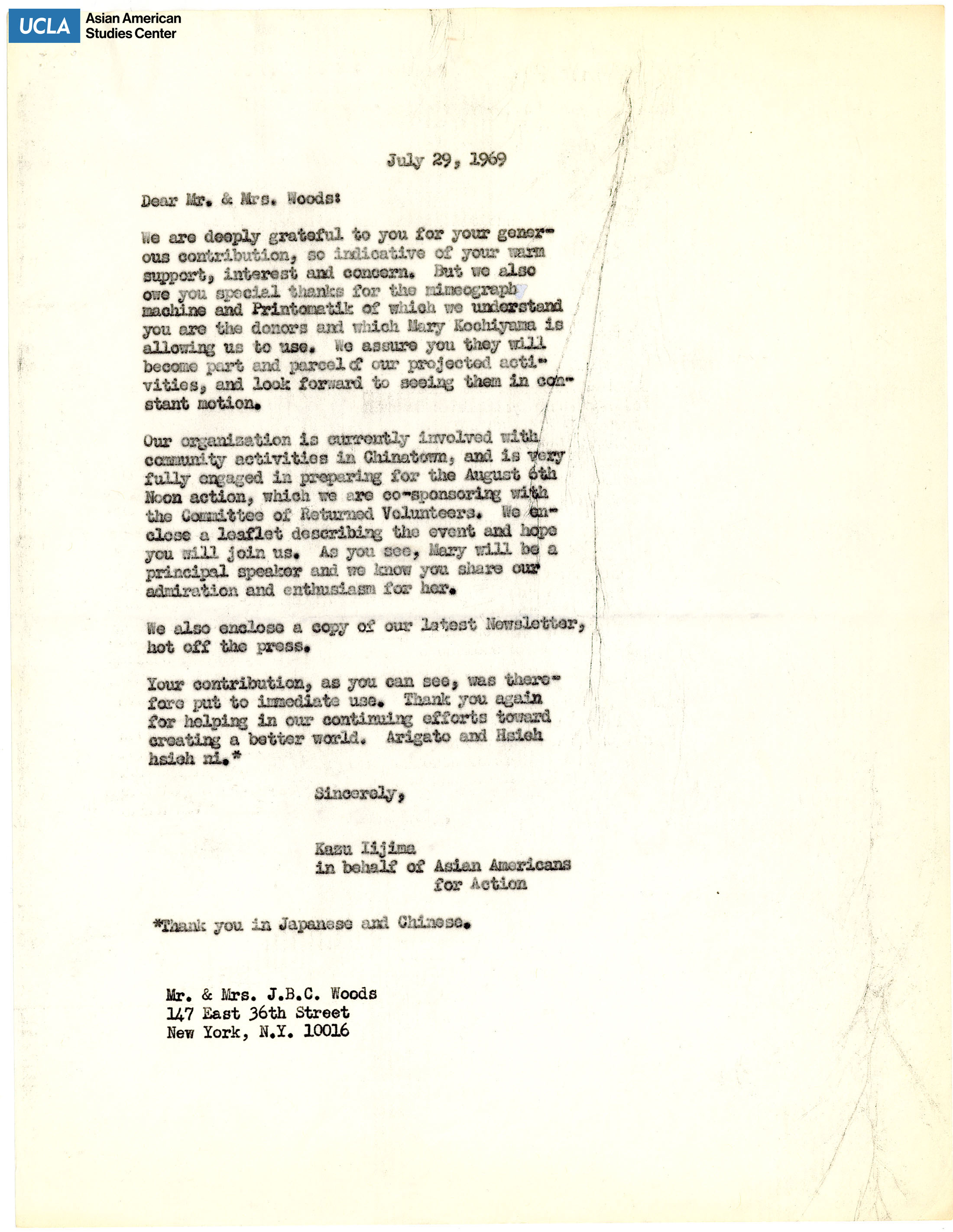 Letter of thanks for the generous contribution to Asian Americans for Action.