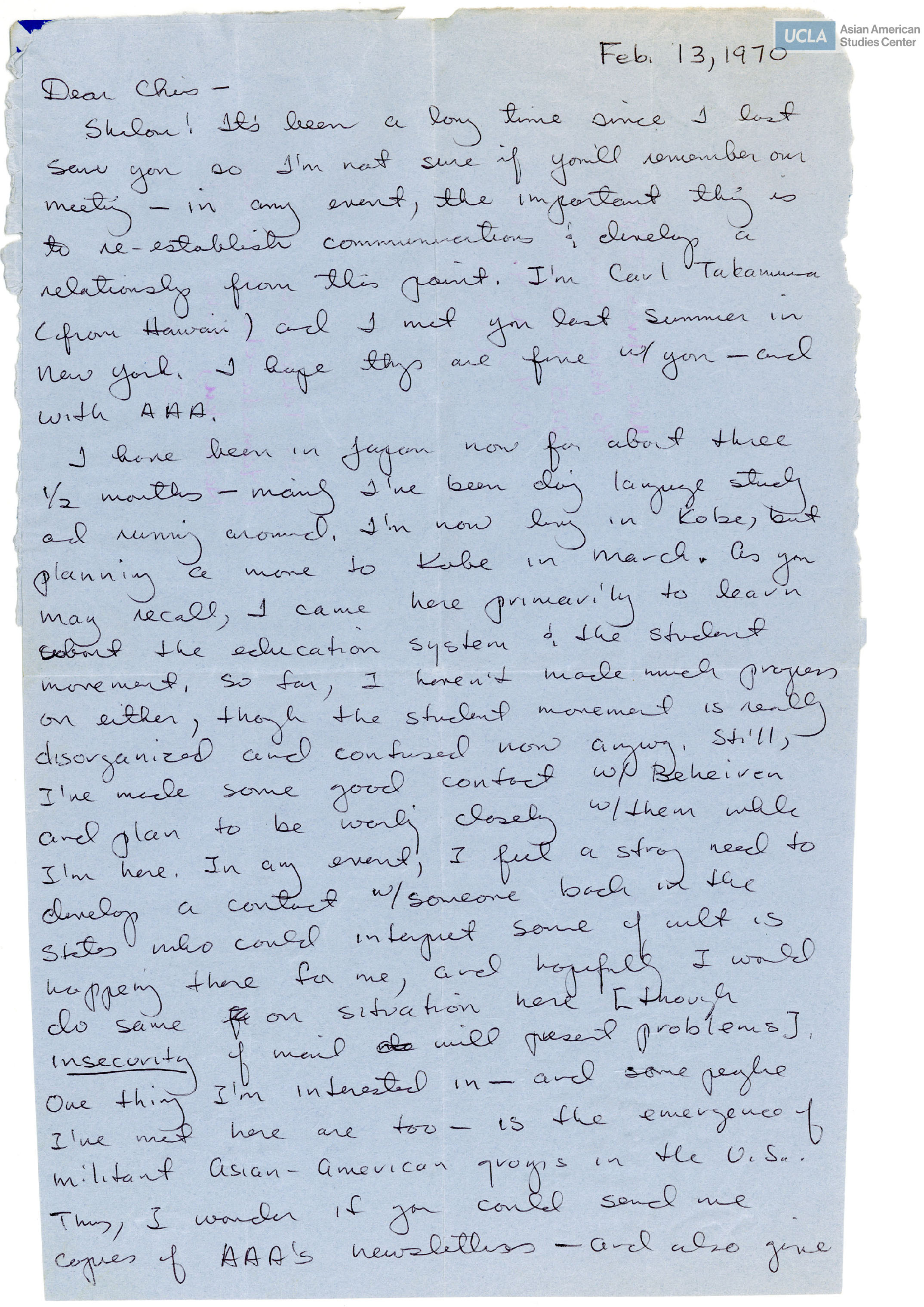 Letter regarding on living in Japan and updates on the Asian Americans for Action.