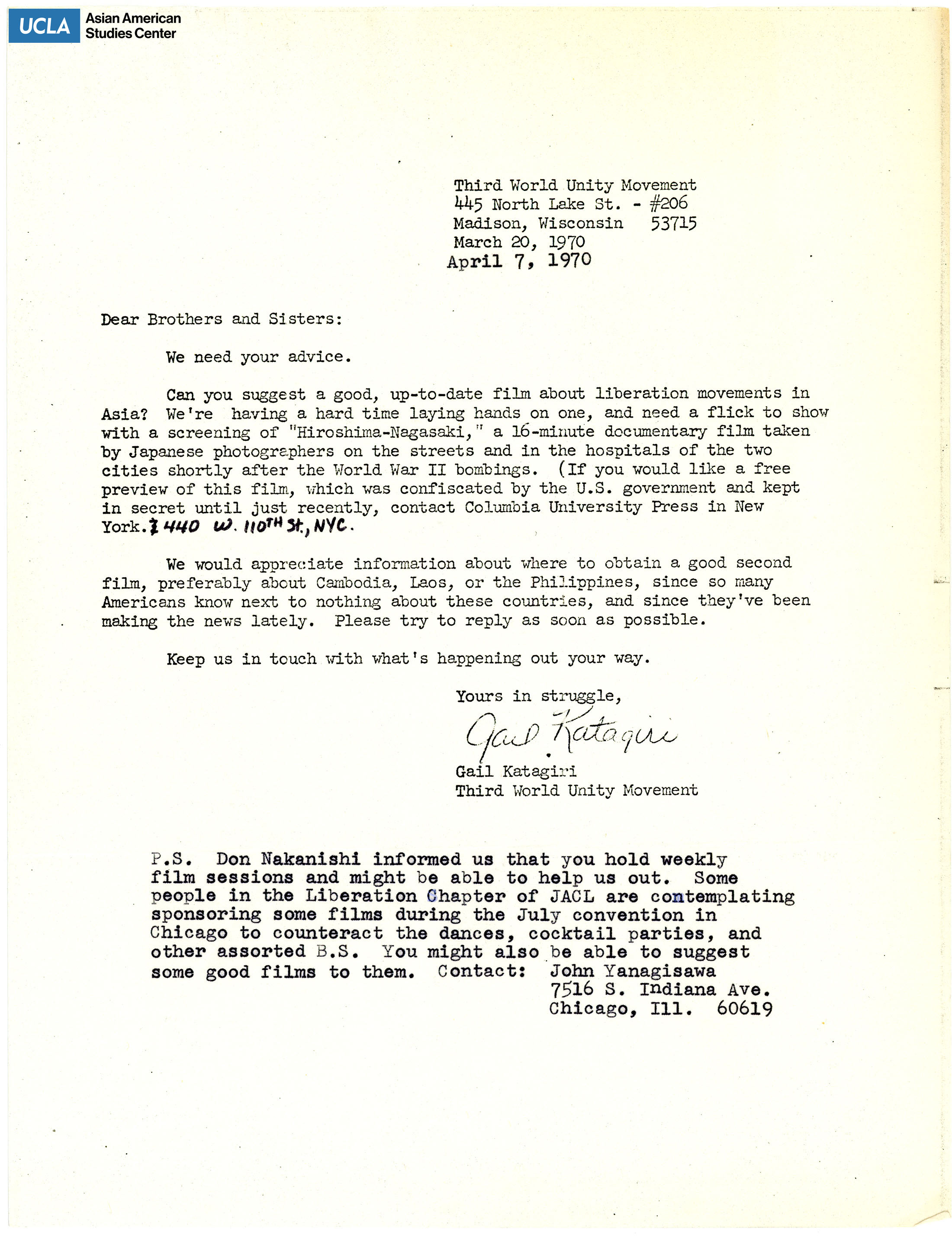 Letter regarding request for film recommendations on liberation movements in Asia.