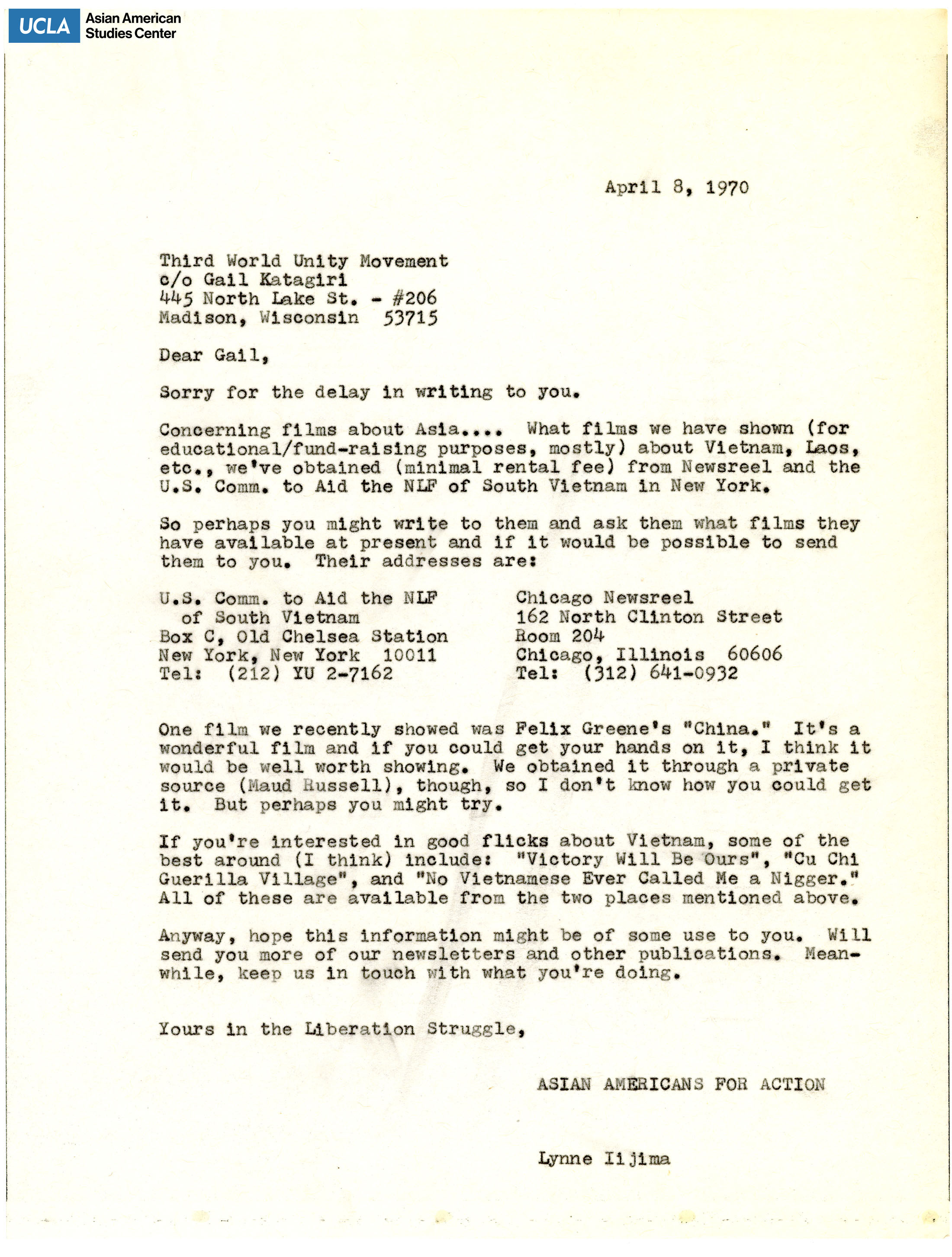 Letter regarding providing recommendations of films on the liberation movement in Asia.