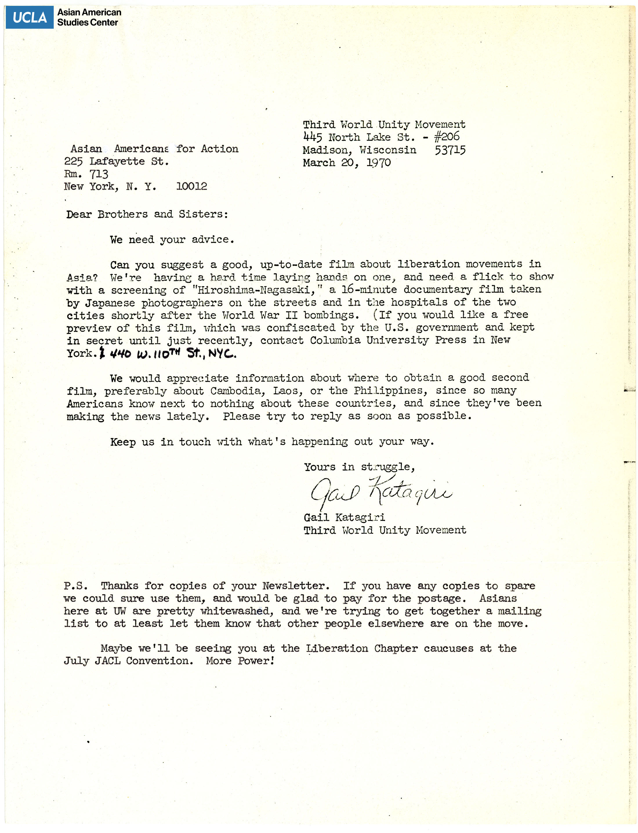 Letter regarding request for film recommendations on liberation movements in Asia.