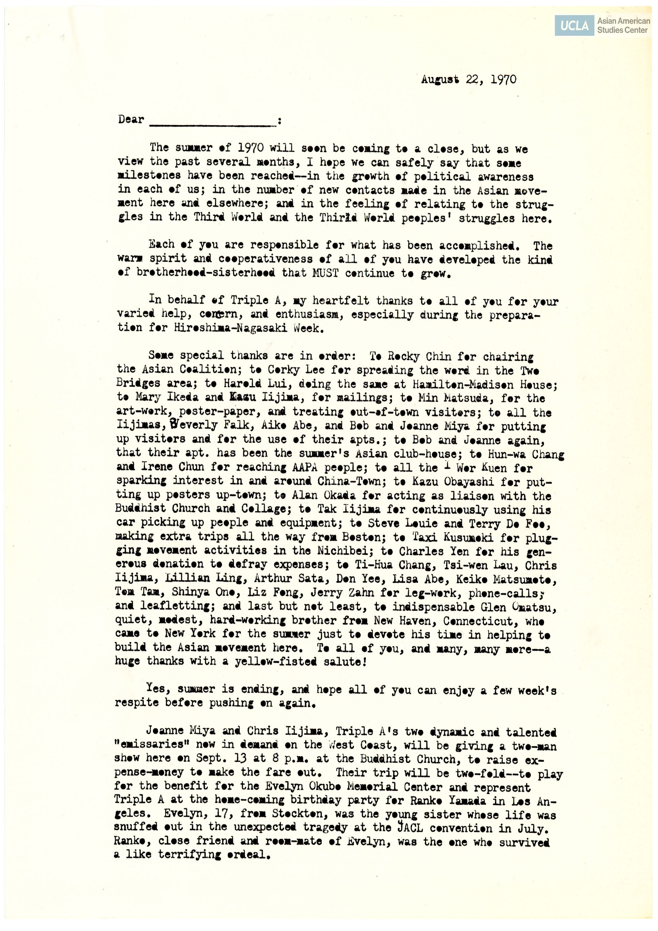 Letter from Yuri Kochiyama regarding the growth of Asian Americans for Action and the Asian movement.