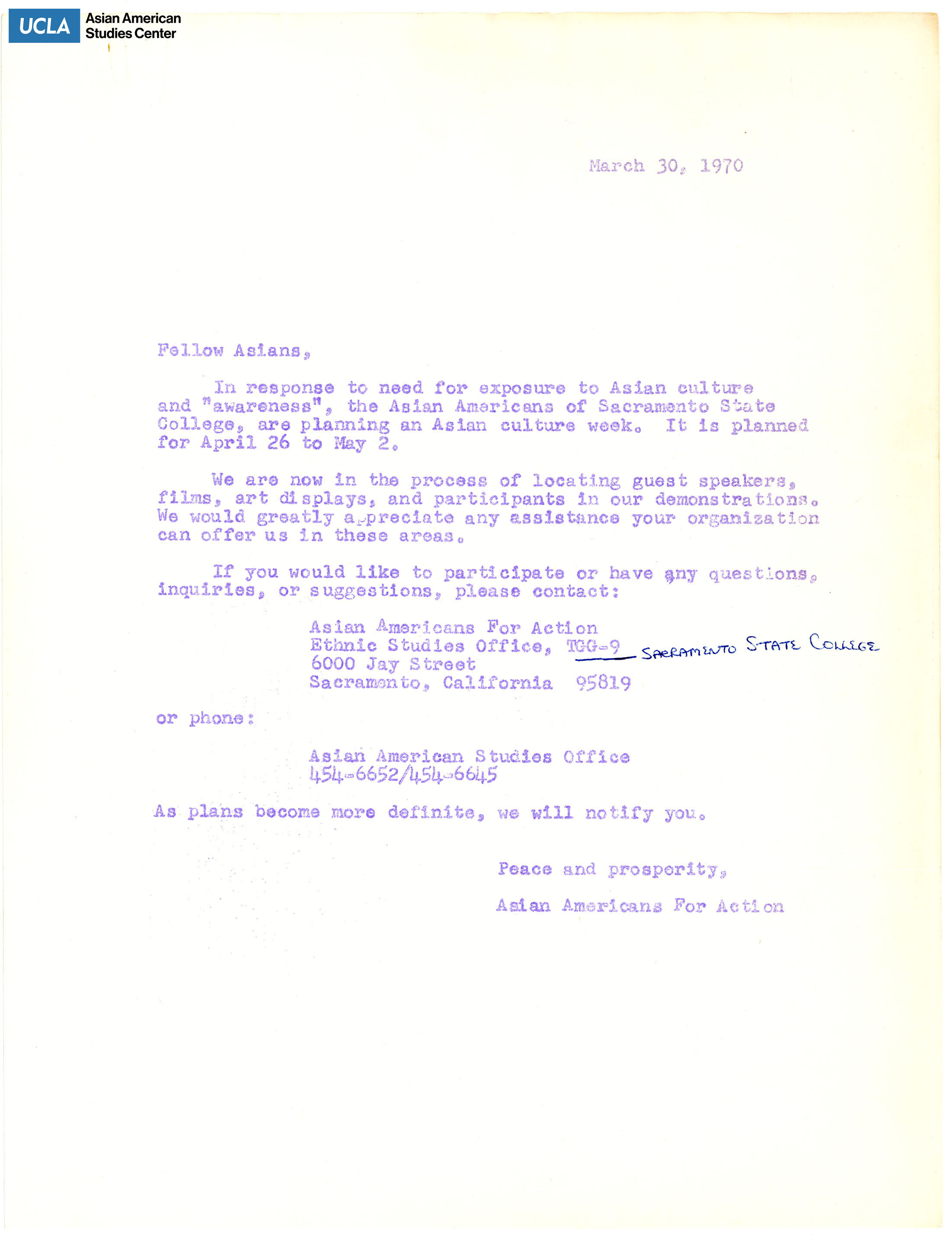 Letter regarding the planning of Asian culture week and the search for guest speakers.