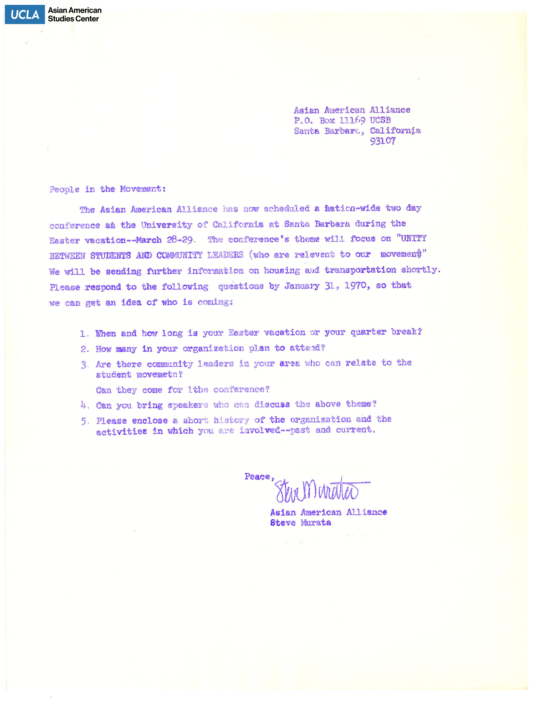 Letter regarding an announcement of a conference hosted by the Asian American Alliance at the University of California, Santa Barabara.