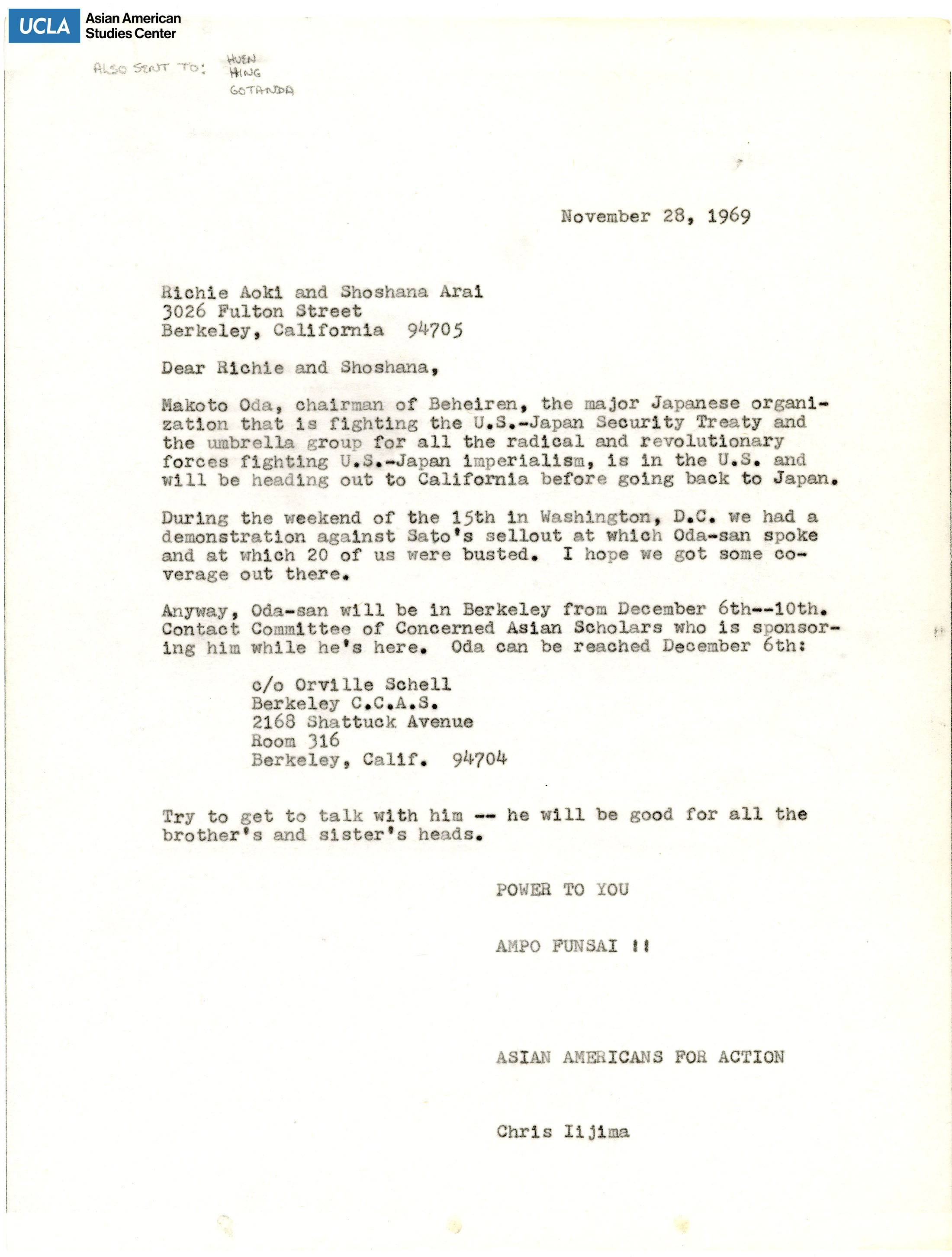Letter regarding the U.S. Japan Security Treaty and a visit of Oda-san in Berkeley, California.