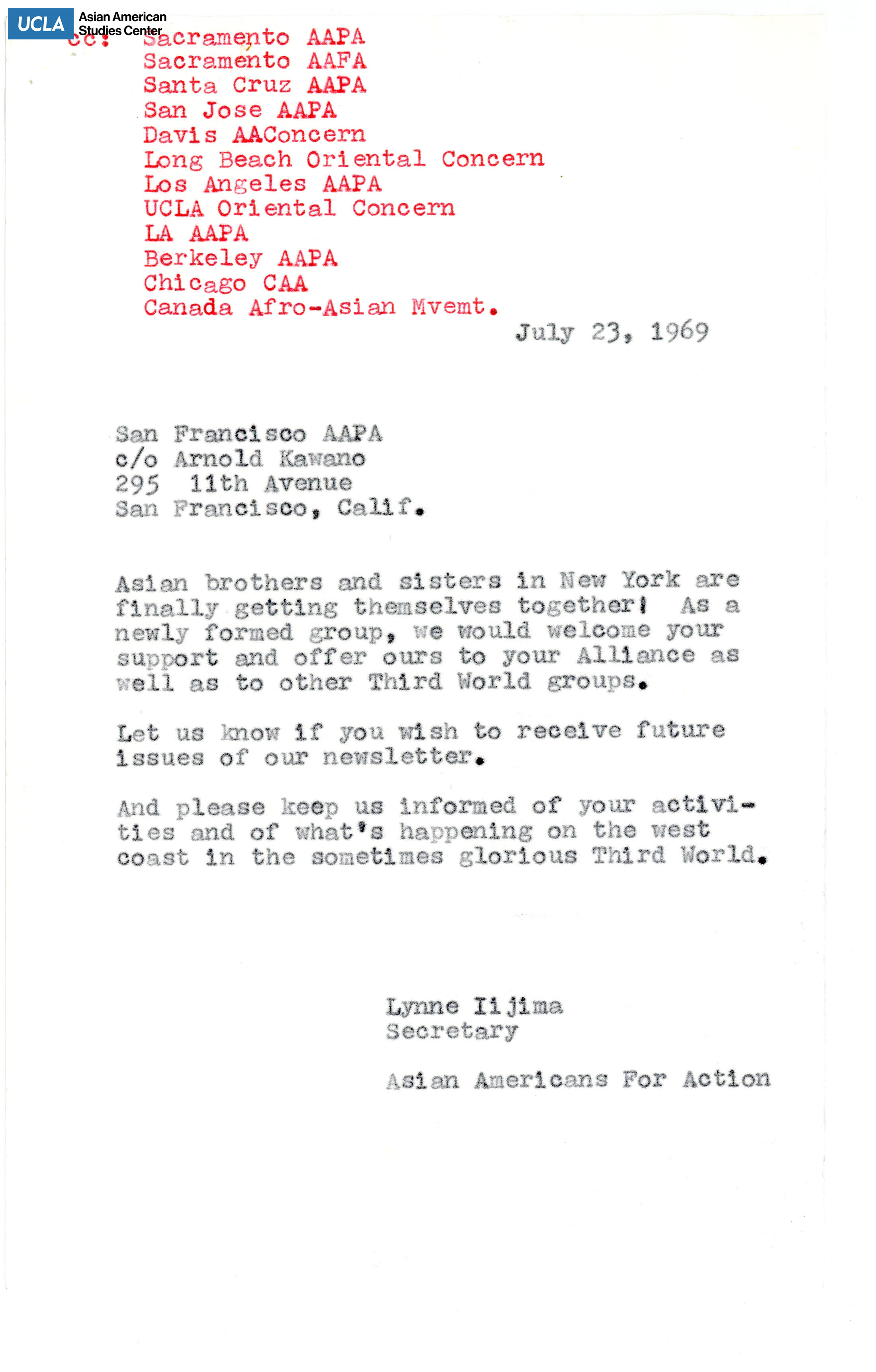 Letter regarding the forming of the organization Asian Americans for Action.
