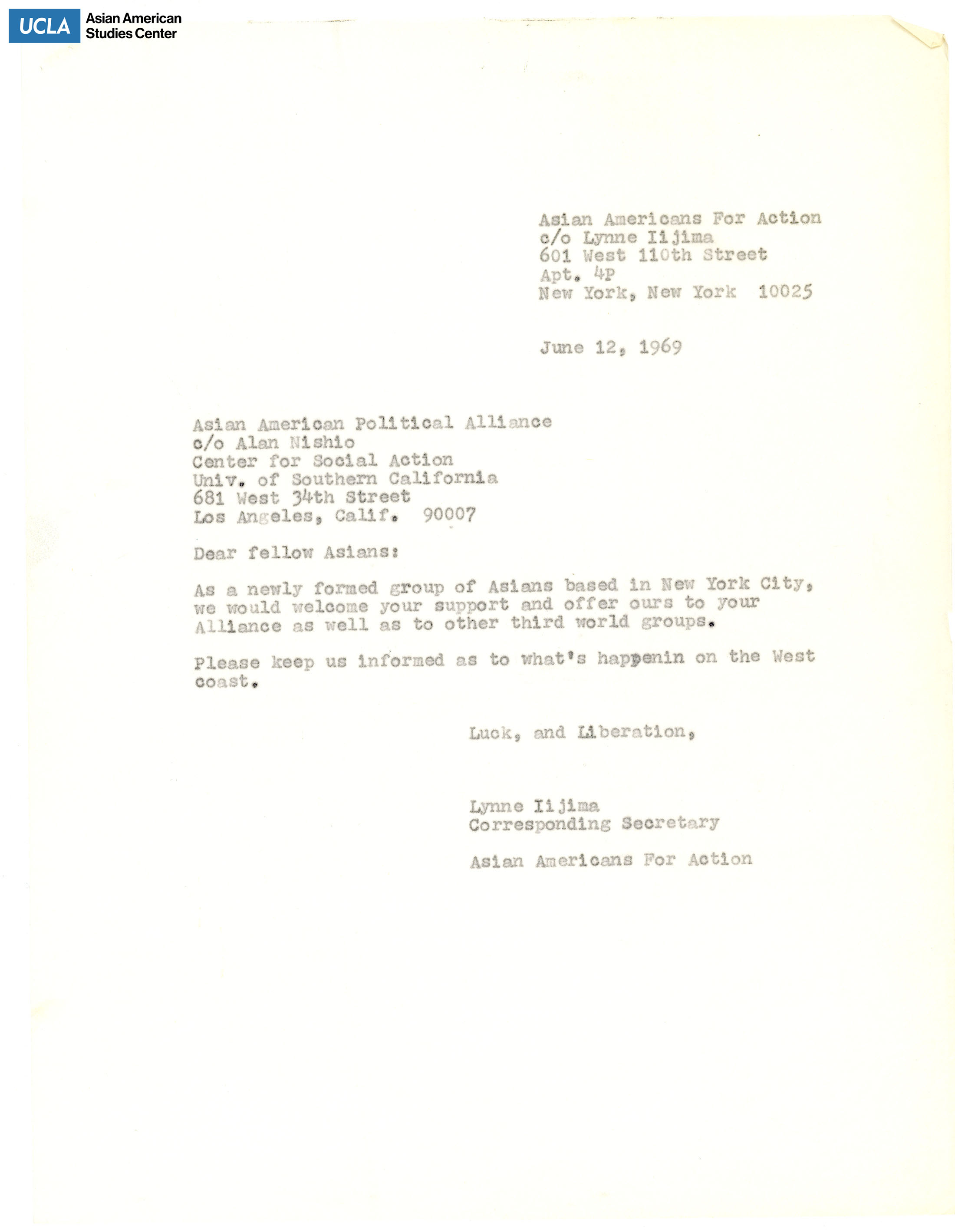 Letter regarding the forming of the organization Asian Americans for Action.