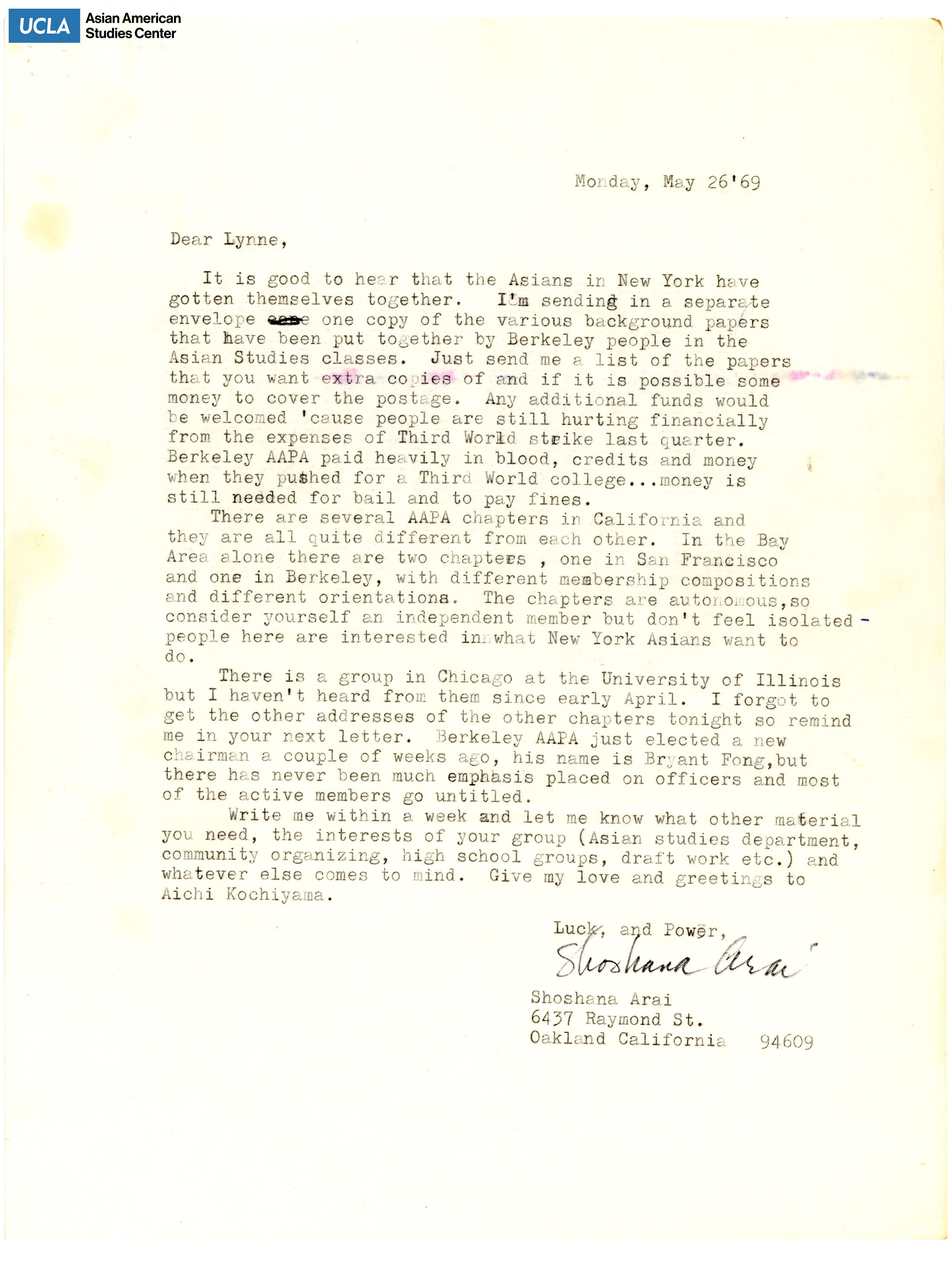 Letter regarding the creation of Asian American Political Alliance chapters around United States.