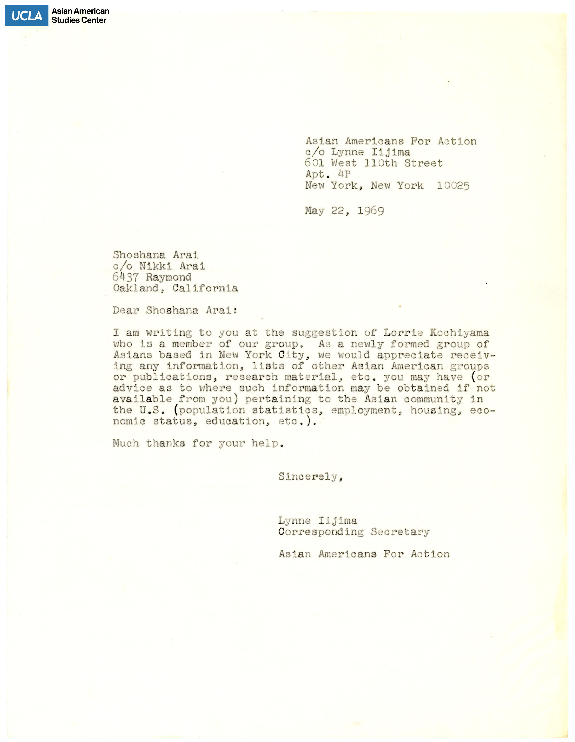 Letter regarding the newly formed Asian Americans for Action.