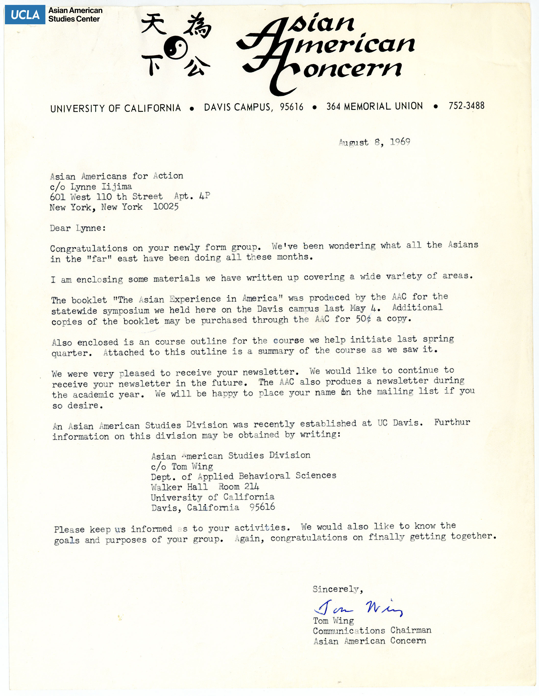 Letter regarding enclosing materials and congradulations on forming Asian Americans for Action.