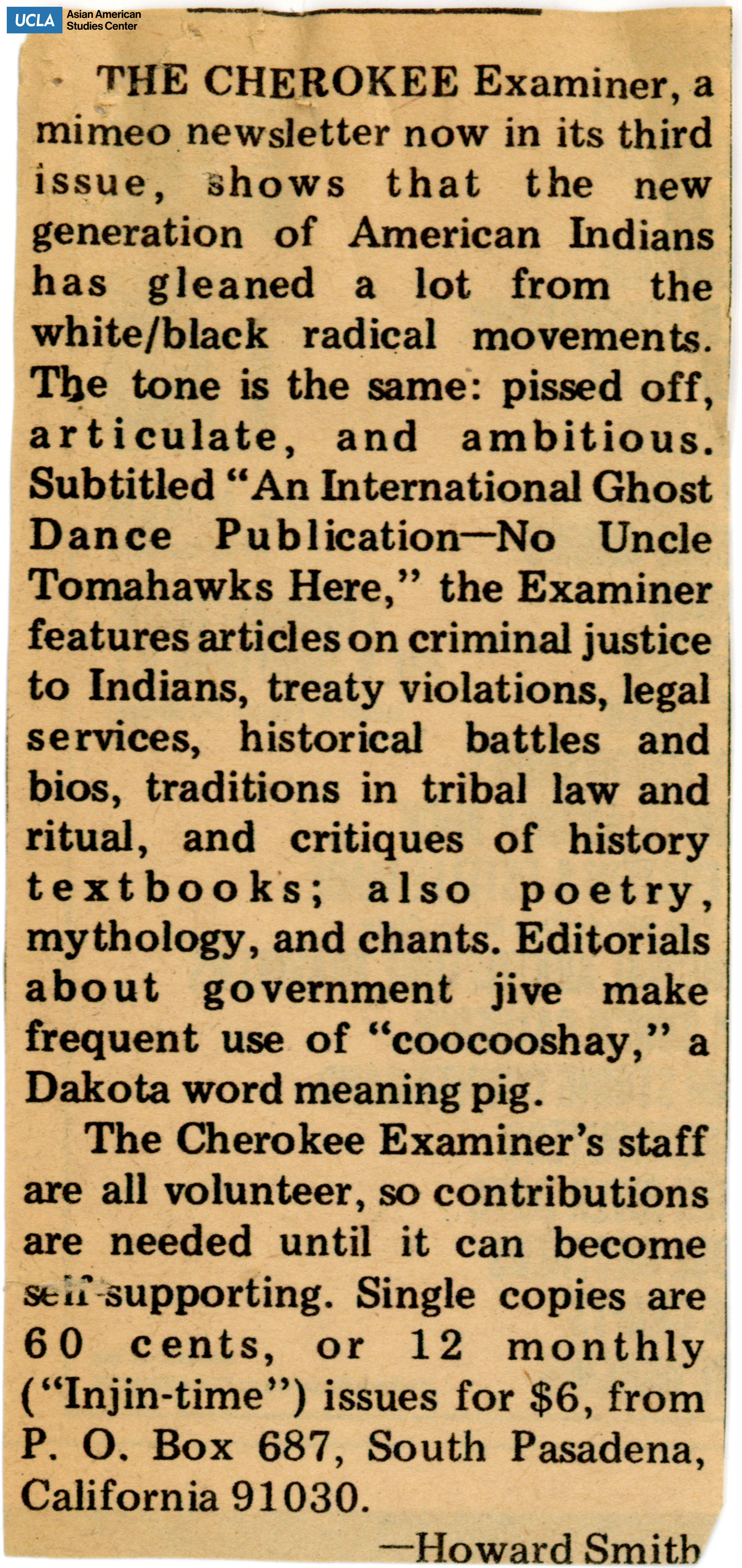 Clipping regarding a newsletter of American Indians.