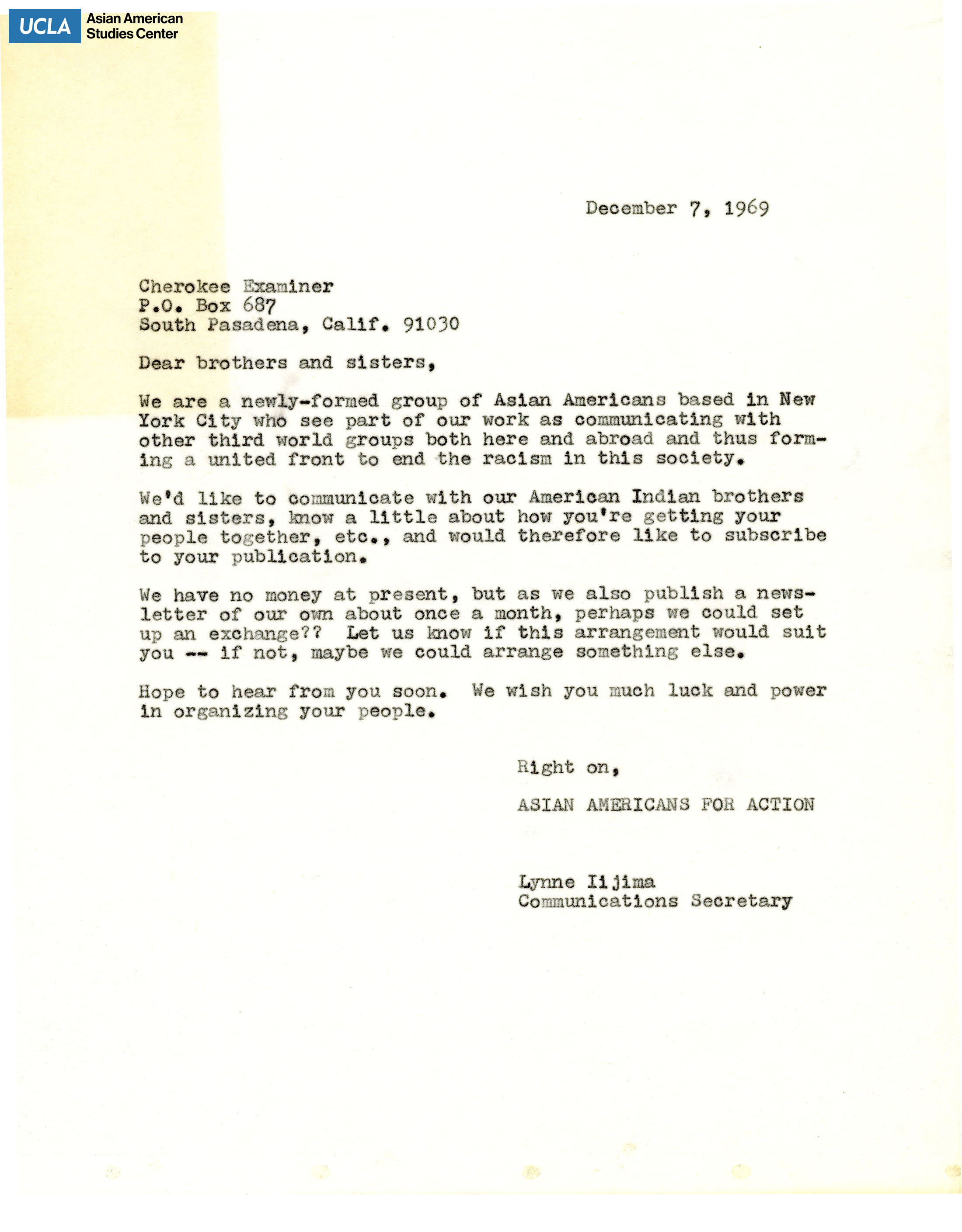 Letter regarding the forming of the organization Asian Americans for Action.