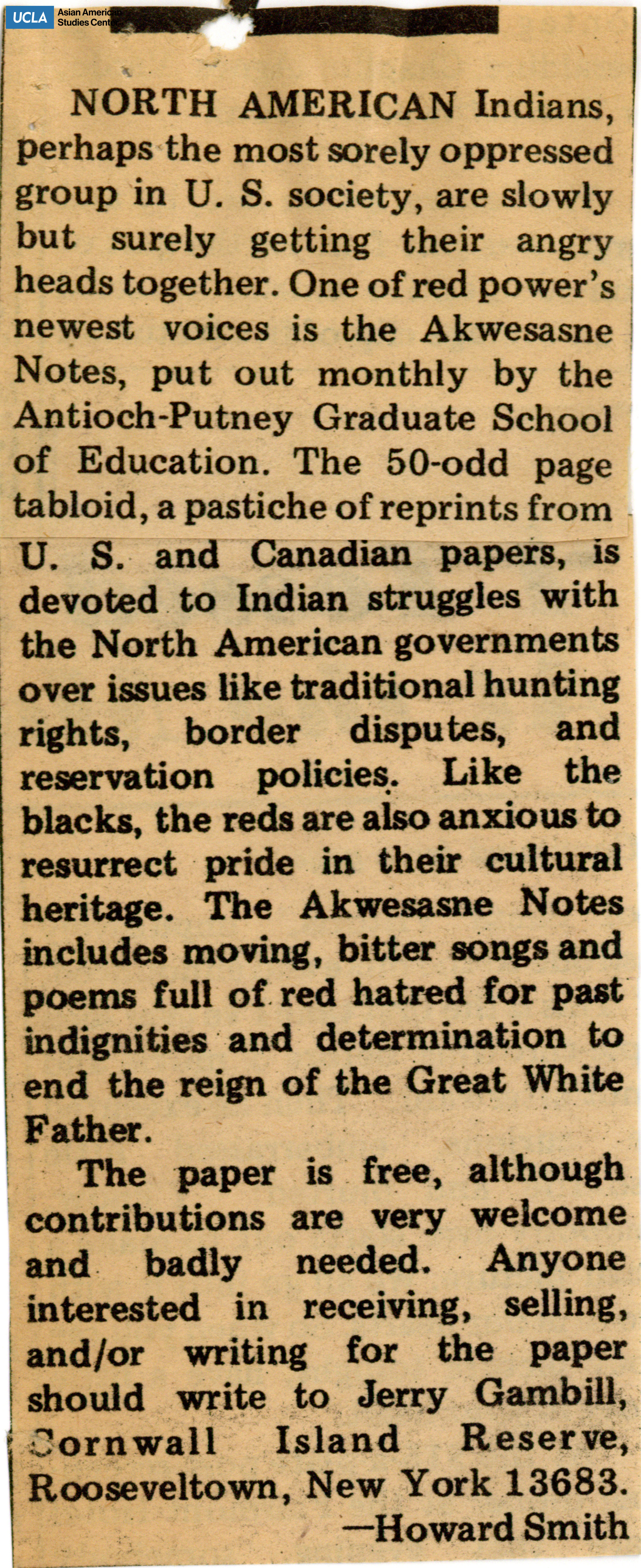 Clipping regarding the oppression of North American Indians.